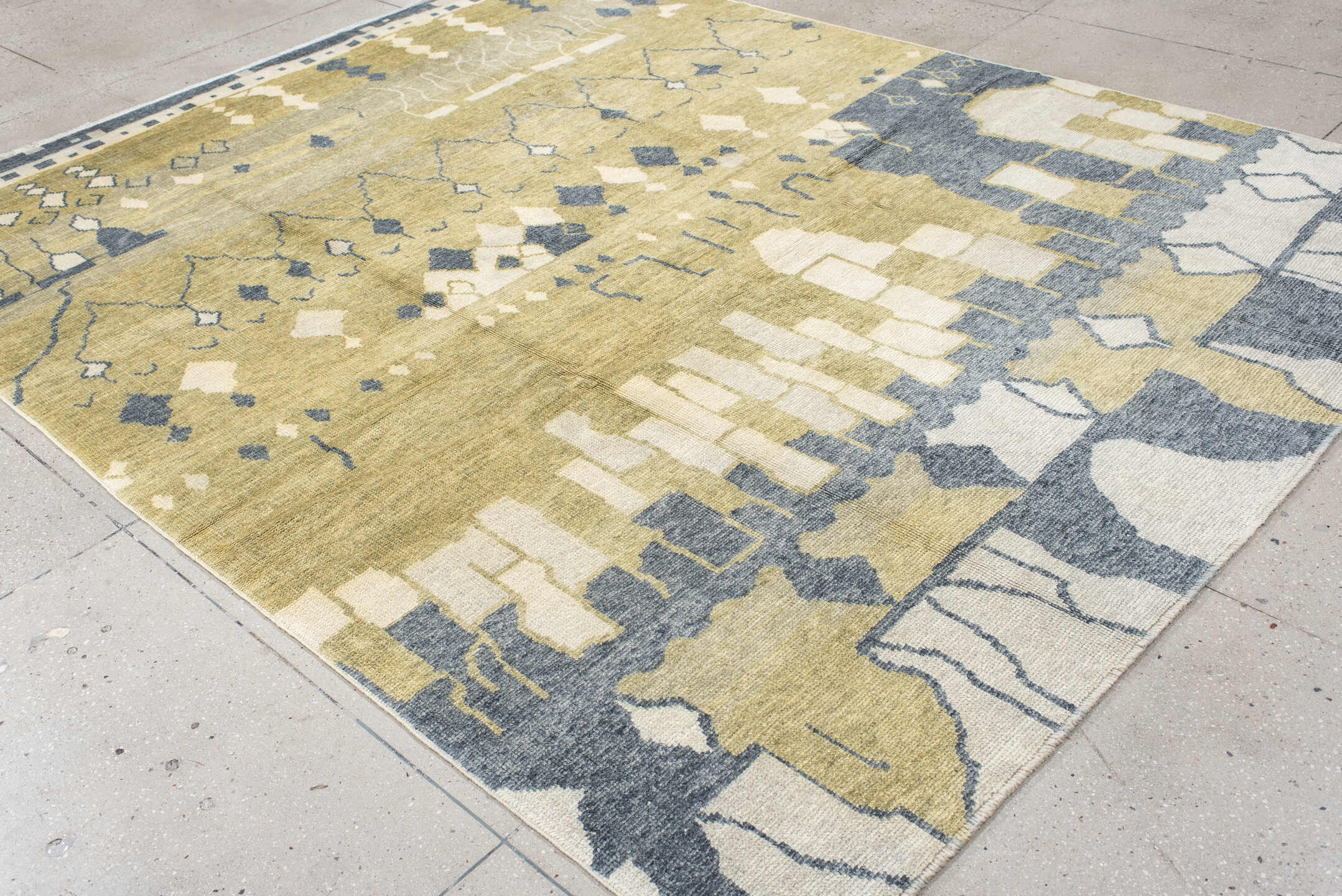 7' x 10' one-of-a-kind handmade vintage Moroccan large size rug. Color palette: olive, ivory, slate, cream, sage, green