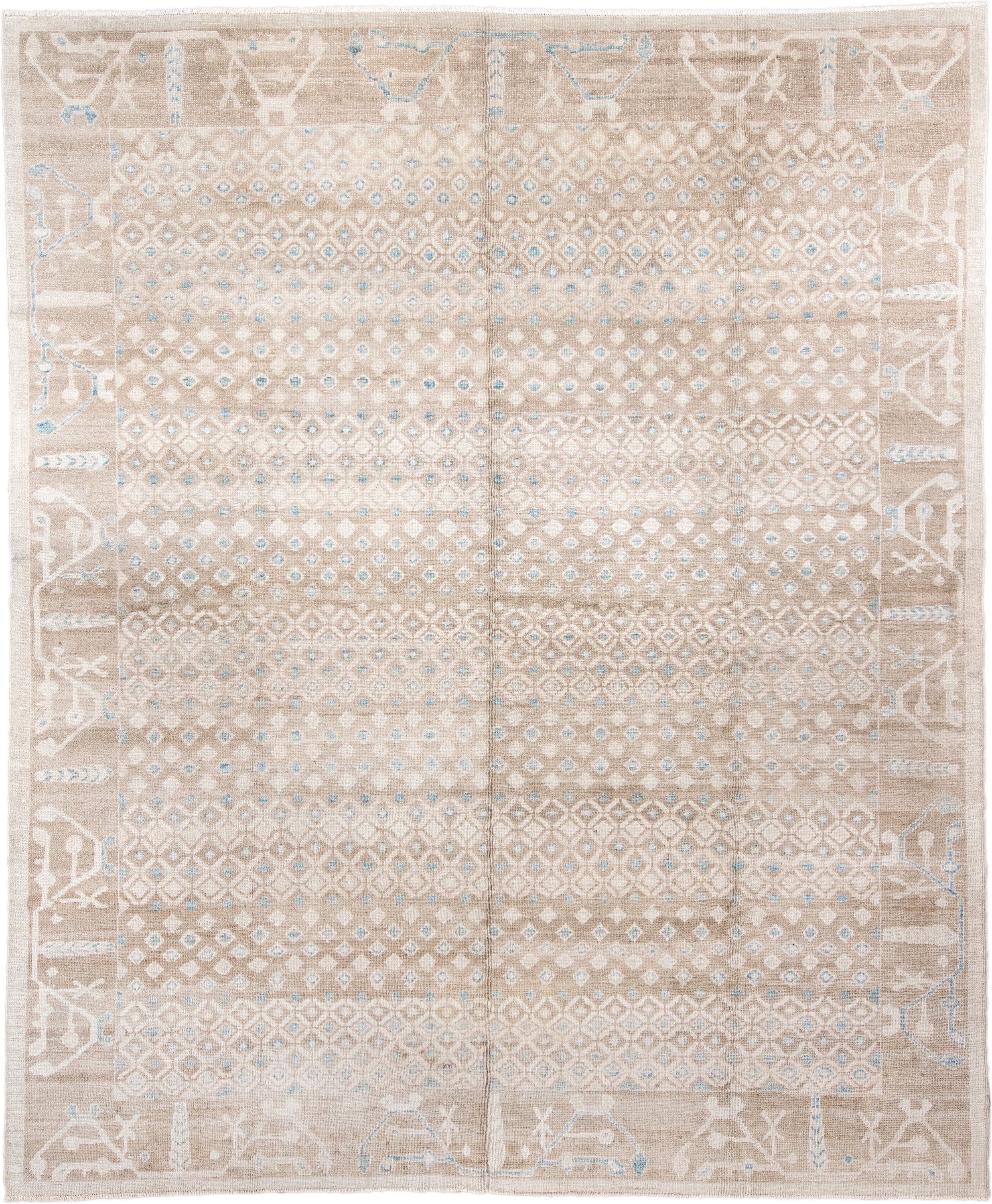 12' x 14' one-of-a-kind handmade vintage Trs oversize rug. Color palette: beige, ivory, taupe, pale blue, cream, gray