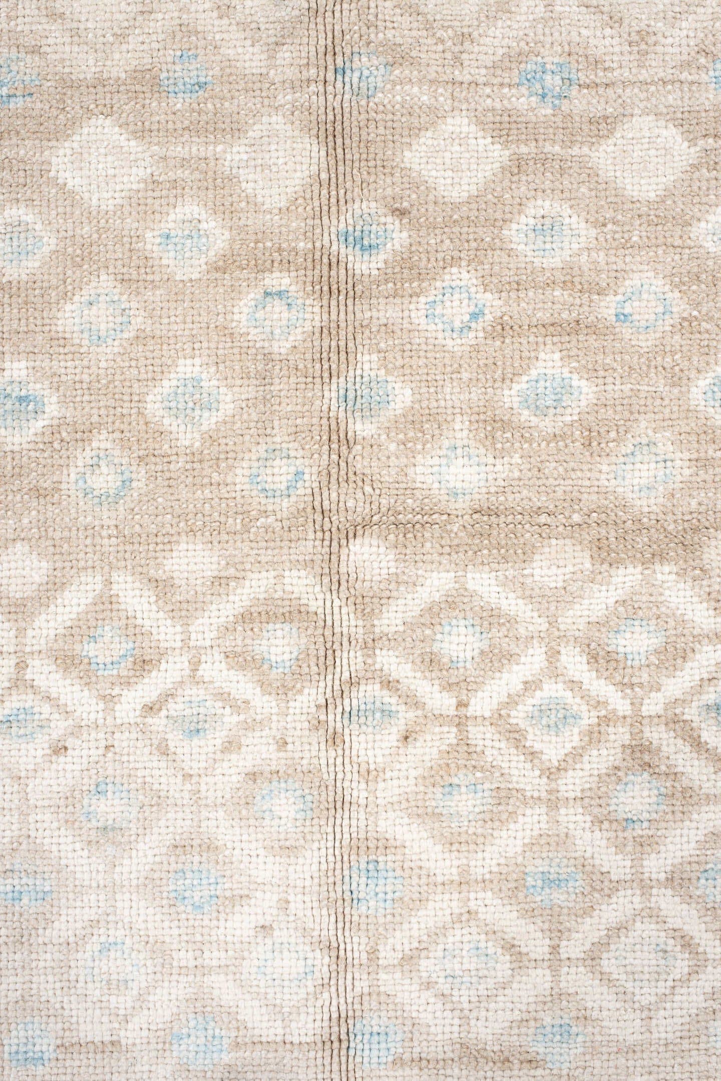 12' x 14' one-of-a-kind handmade vintage Trs oversize rug. Color palette: beige, ivory, taupe, pale blue, cream, gray