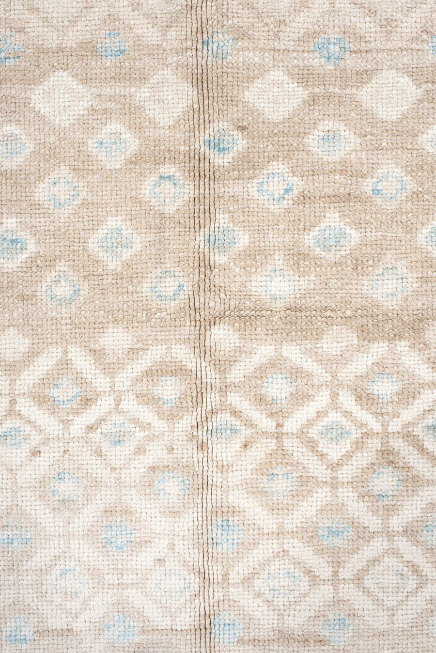 12' x 14' one-of-a-kind handmade vintage Trs oversize rug. Color palette: beige, ivory, taupe, pale blue, cream, gray