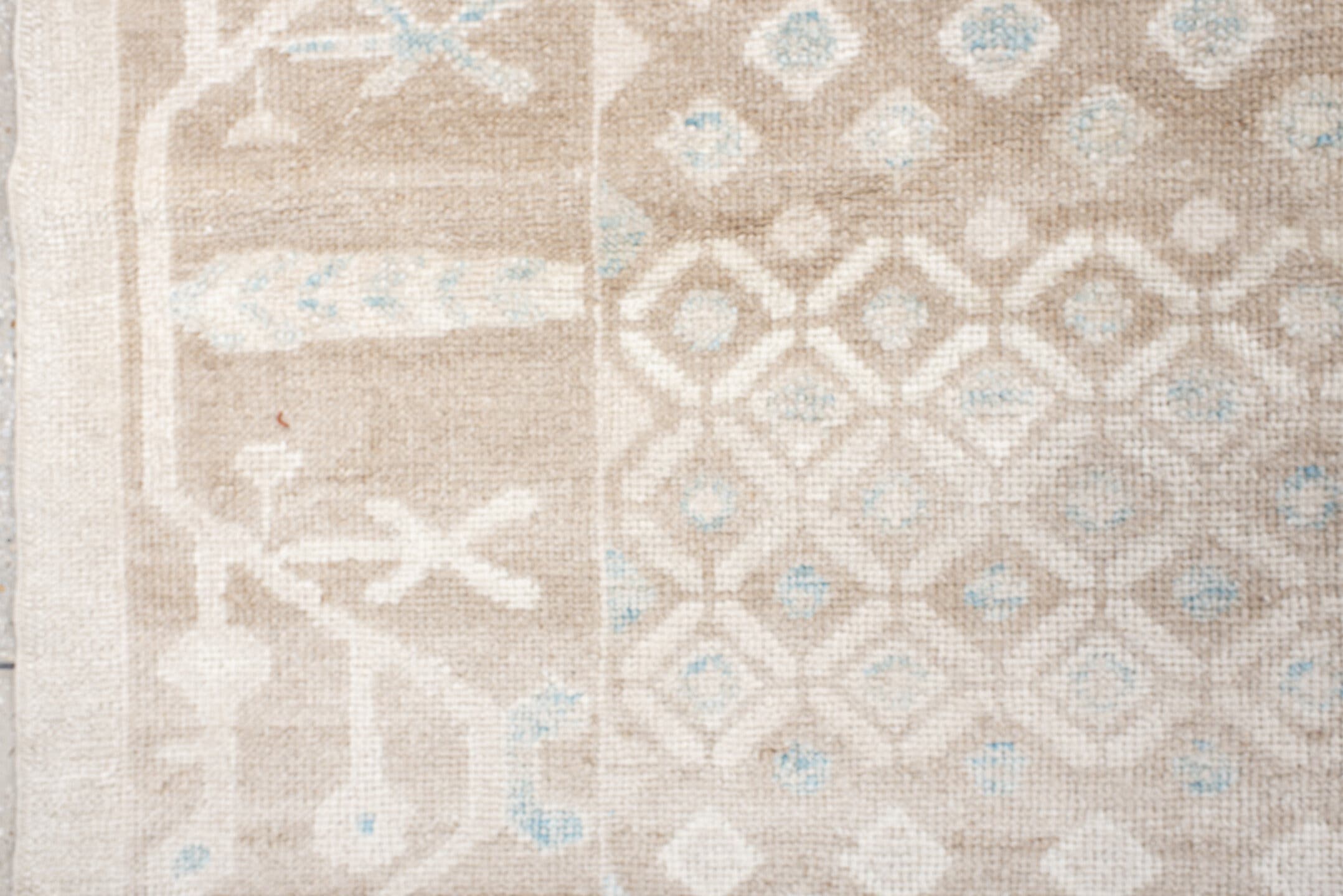 12' x 14' one-of-a-kind handmade vintage Trs oversize rug. Color palette: beige, ivory, taupe, pale blue, cream, gray