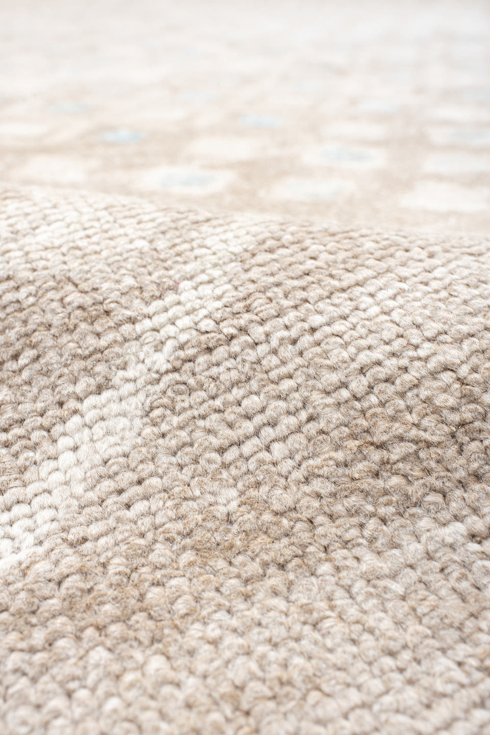 12' x 14' one-of-a-kind handmade vintage Trs oversize rug. Color palette: beige, ivory, taupe, pale blue, cream, gray