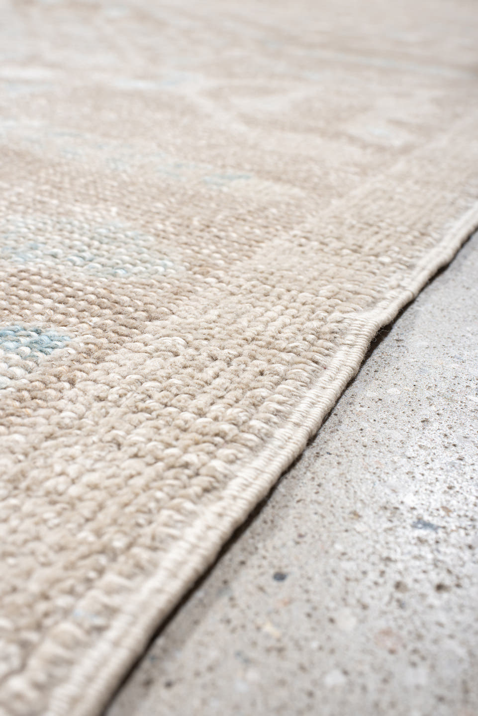 12' x 14' one-of-a-kind handmade vintage Trs oversize rug. Color palette: beige, ivory, taupe, pale blue, cream, gray