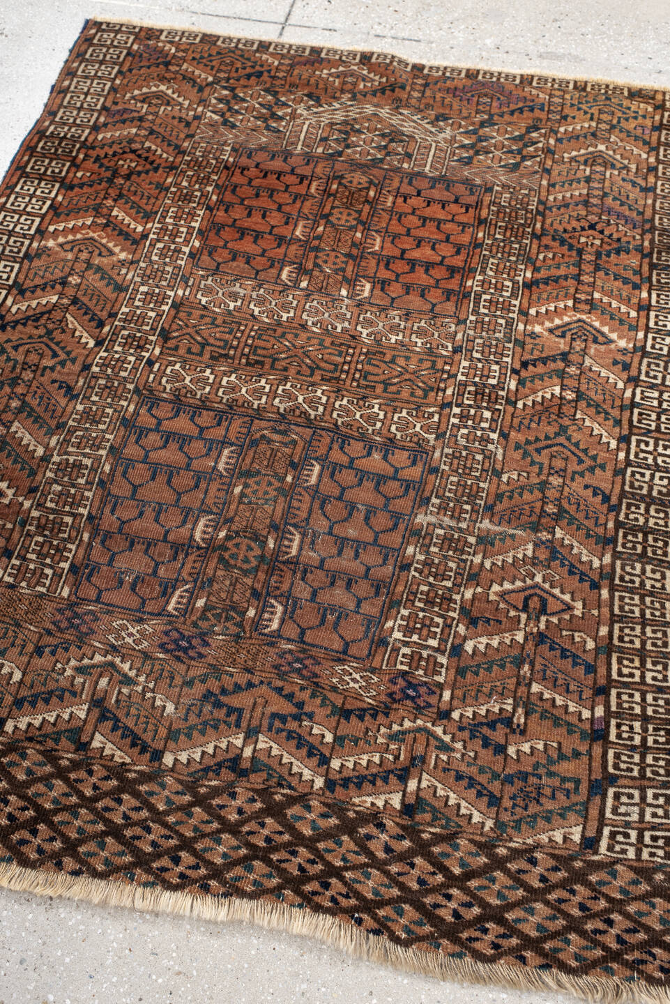 3' x 4' one-of-a-kind handmade vintage Torkaman small size rug. Color palette: rust, brown, ivory, charcoal, camel, navy