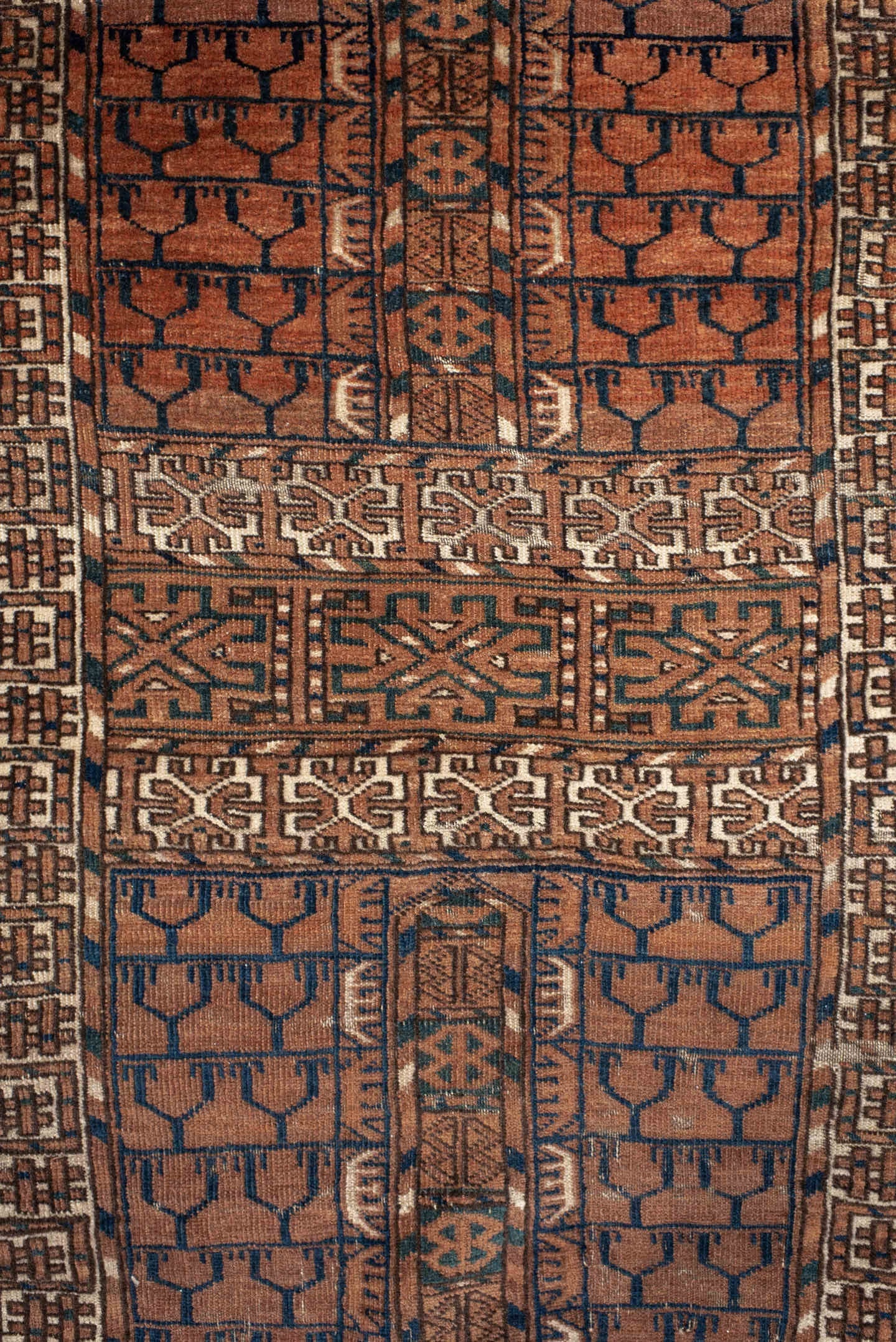 3' x 4' one-of-a-kind handmade vintage Torkaman small size rug. Color palette: rust, brown, ivory, charcoal, camel, navy