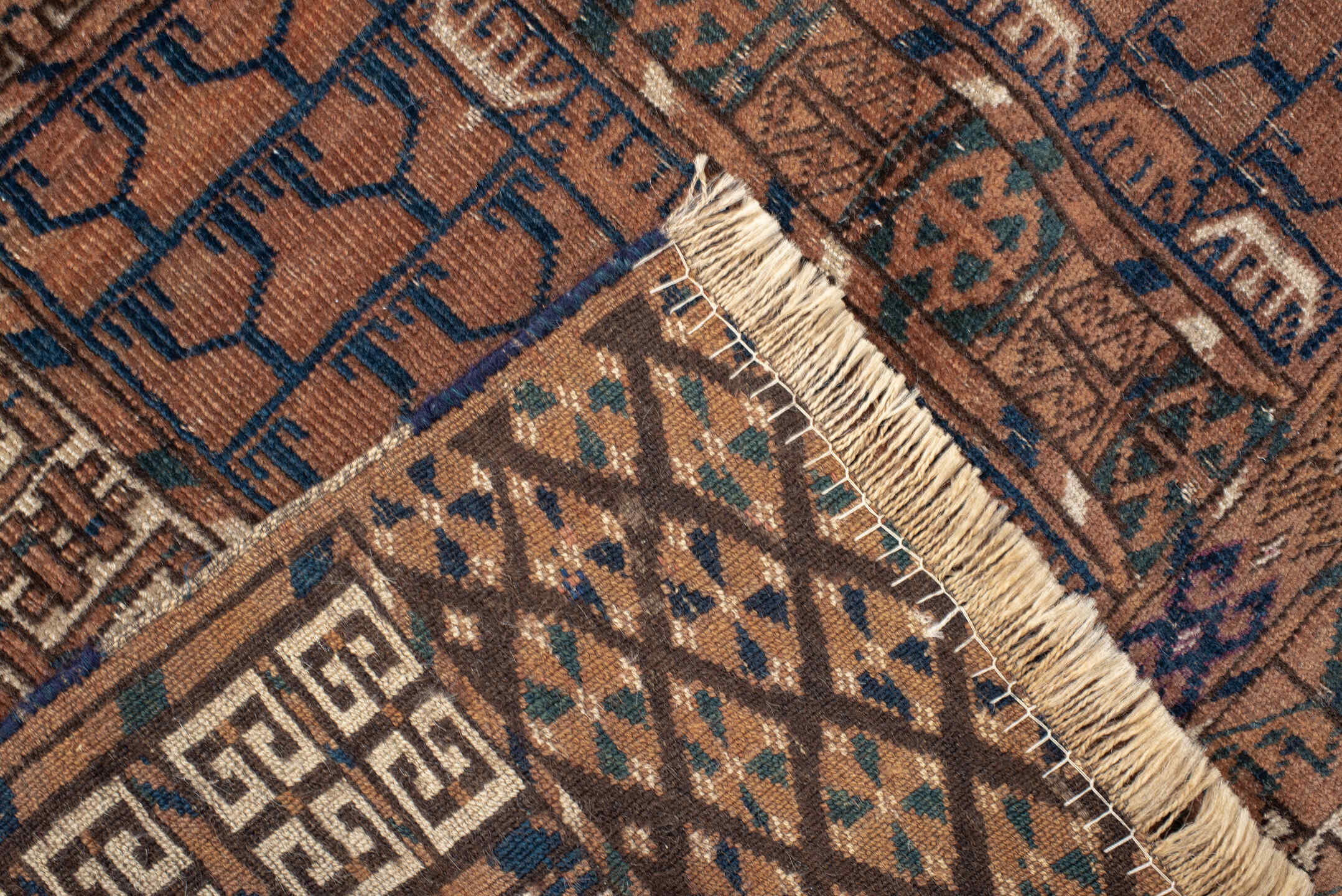 3' x 4' one-of-a-kind handmade vintage Torkaman small size rug. Color palette: rust, brown, ivory, charcoal, camel, navy