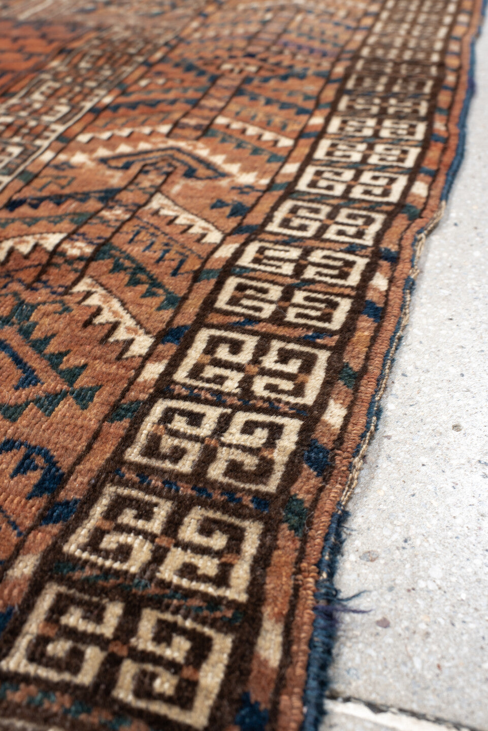 3' x 4' one-of-a-kind handmade vintage Torkaman small size rug. Color palette: rust, brown, ivory, charcoal, camel, navy