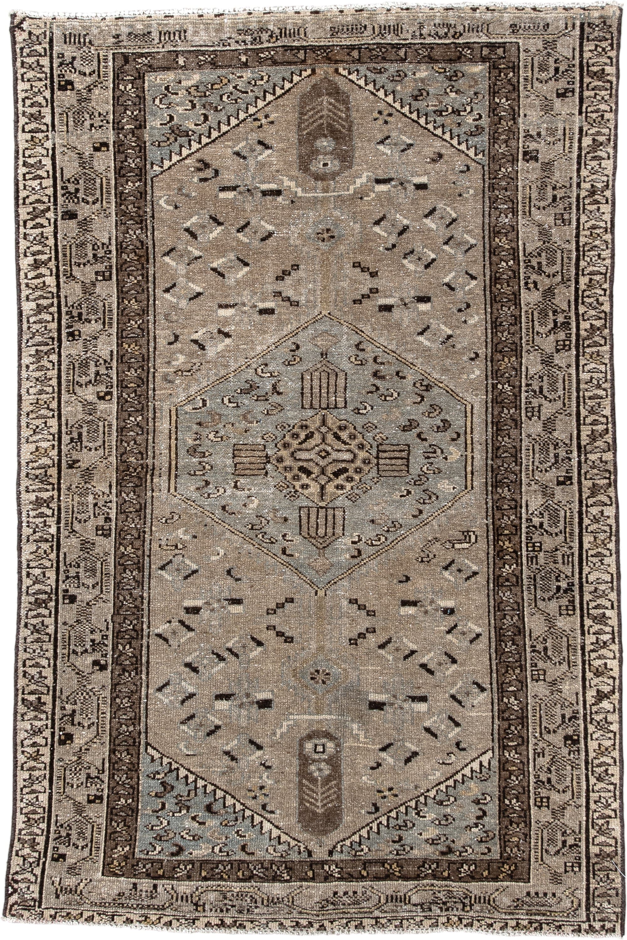 3' x 4' one-of-a-kind handmade vintage Hamadan small size rug. Color palette: taupe, brown, ivory, pale blue, charcoal