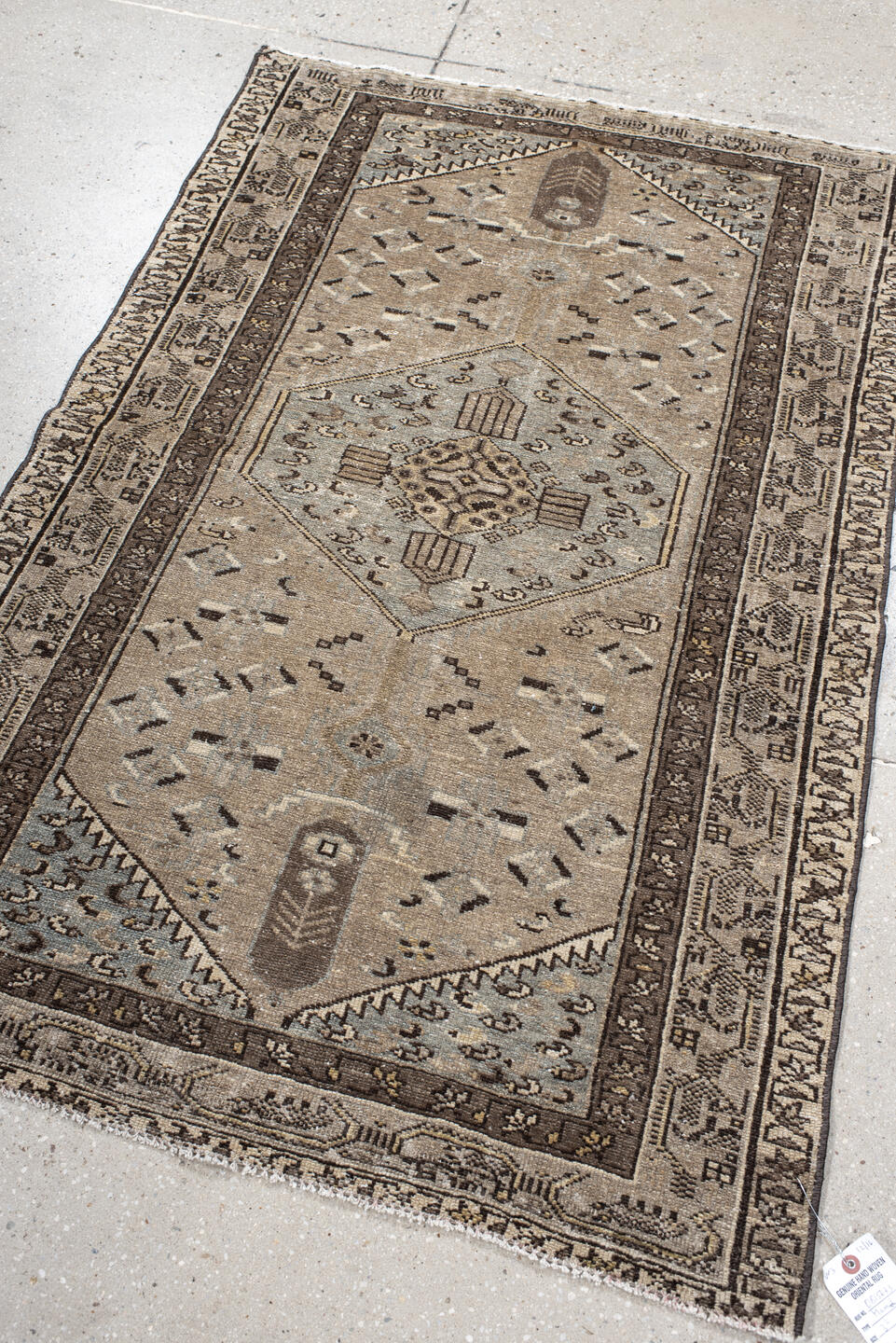 3' x 4' one-of-a-kind handmade vintage Hamadan small size rug. Color palette: taupe, brown, ivory, pale blue, charcoal