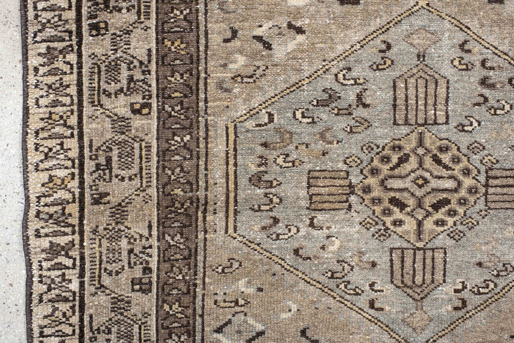3' x 4' one-of-a-kind handmade vintage Hamadan small size rug. Color palette: taupe, brown, ivory, pale blue, charcoal