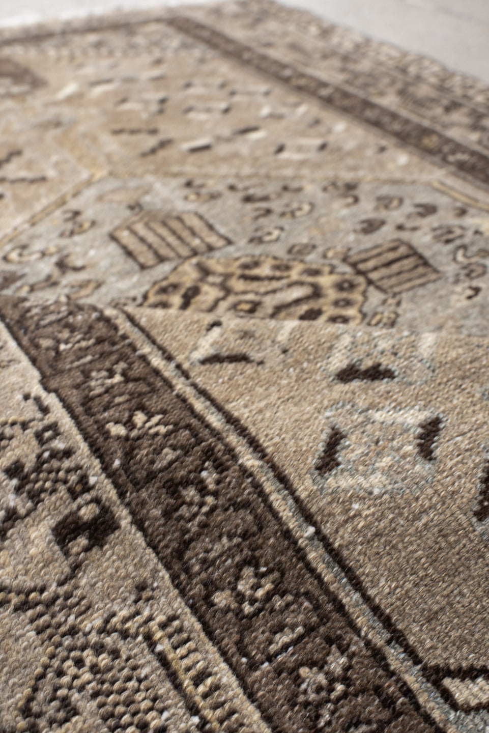 3' x 4' one-of-a-kind handmade vintage Hamadan small size rug. Color palette: taupe, brown, ivory, pale blue, charcoal