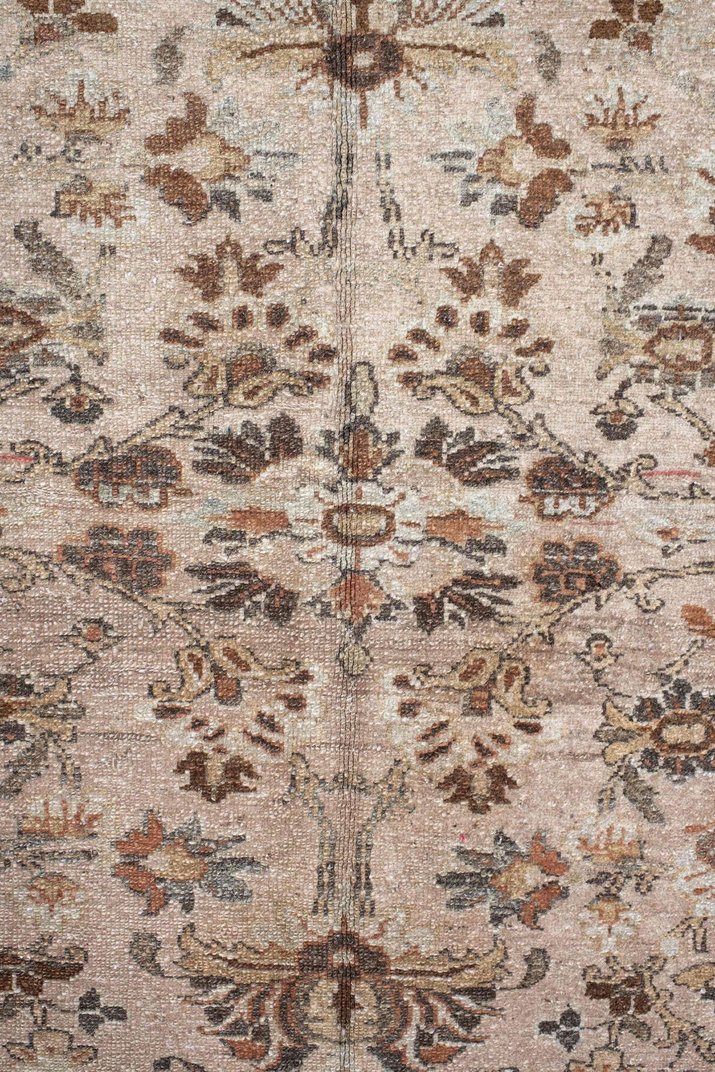 8' x 12' one-of-a-kind handmade vintage Lilian large size rug. Color palette: ivory, brown, taupe, rust, sage, charcoal