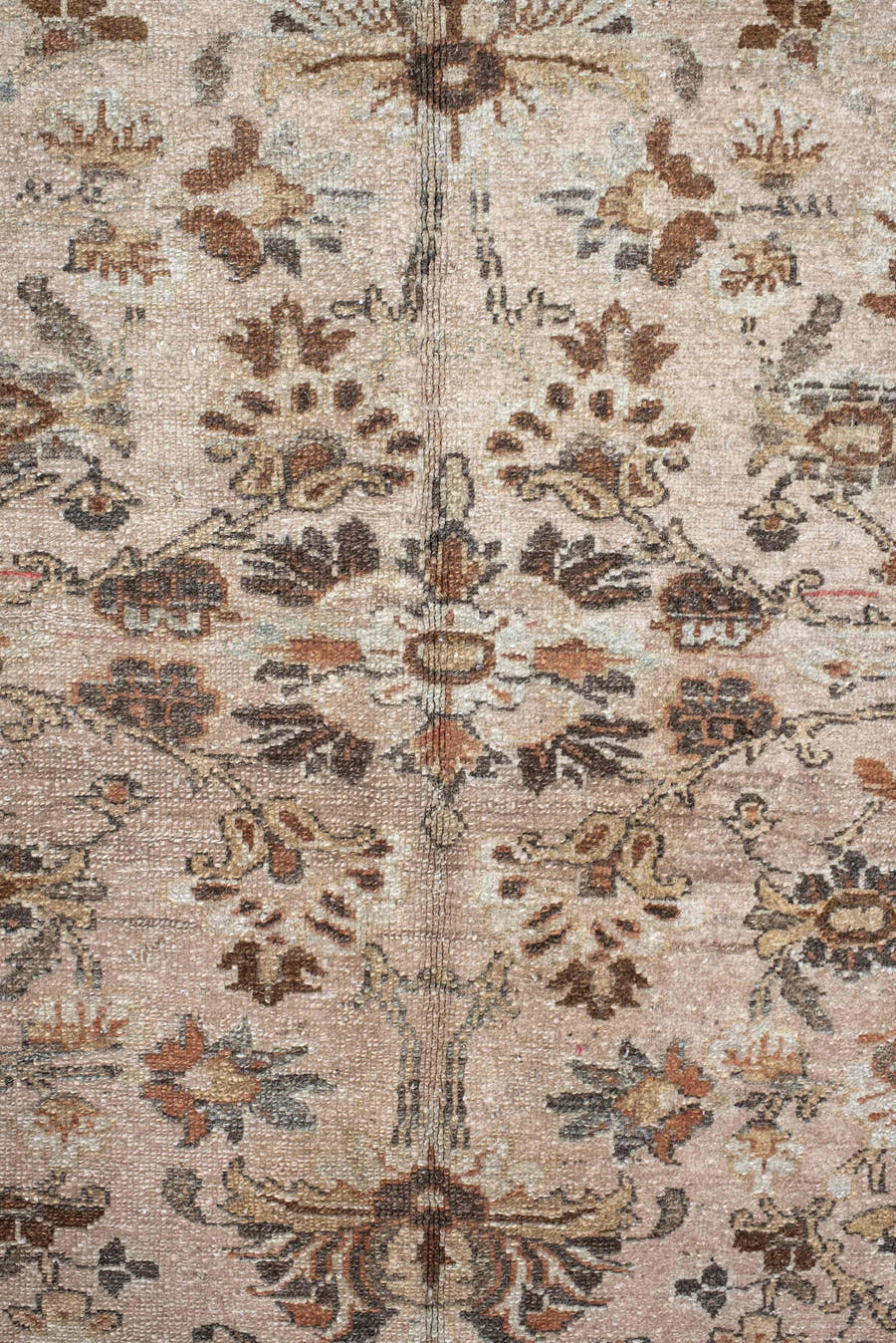 8' x 12' one-of-a-kind handmade vintage Lilian large size rug. Color palette: ivory, brown, taupe, rust, sage, charcoal