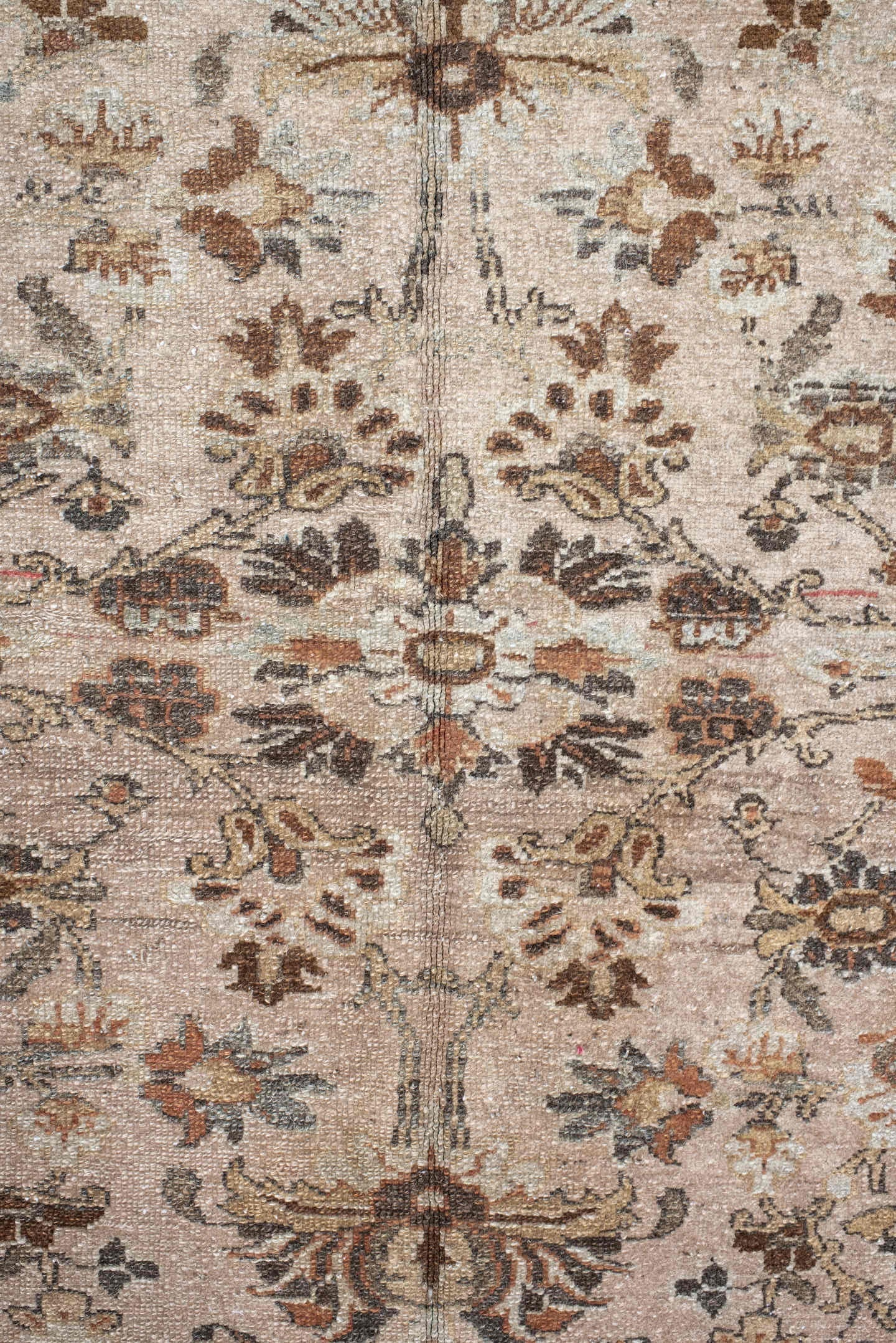 8' x 12' one-of-a-kind handmade vintage Lilian large size rug. Color palette: ivory, brown, taupe, rust, sage, charcoal