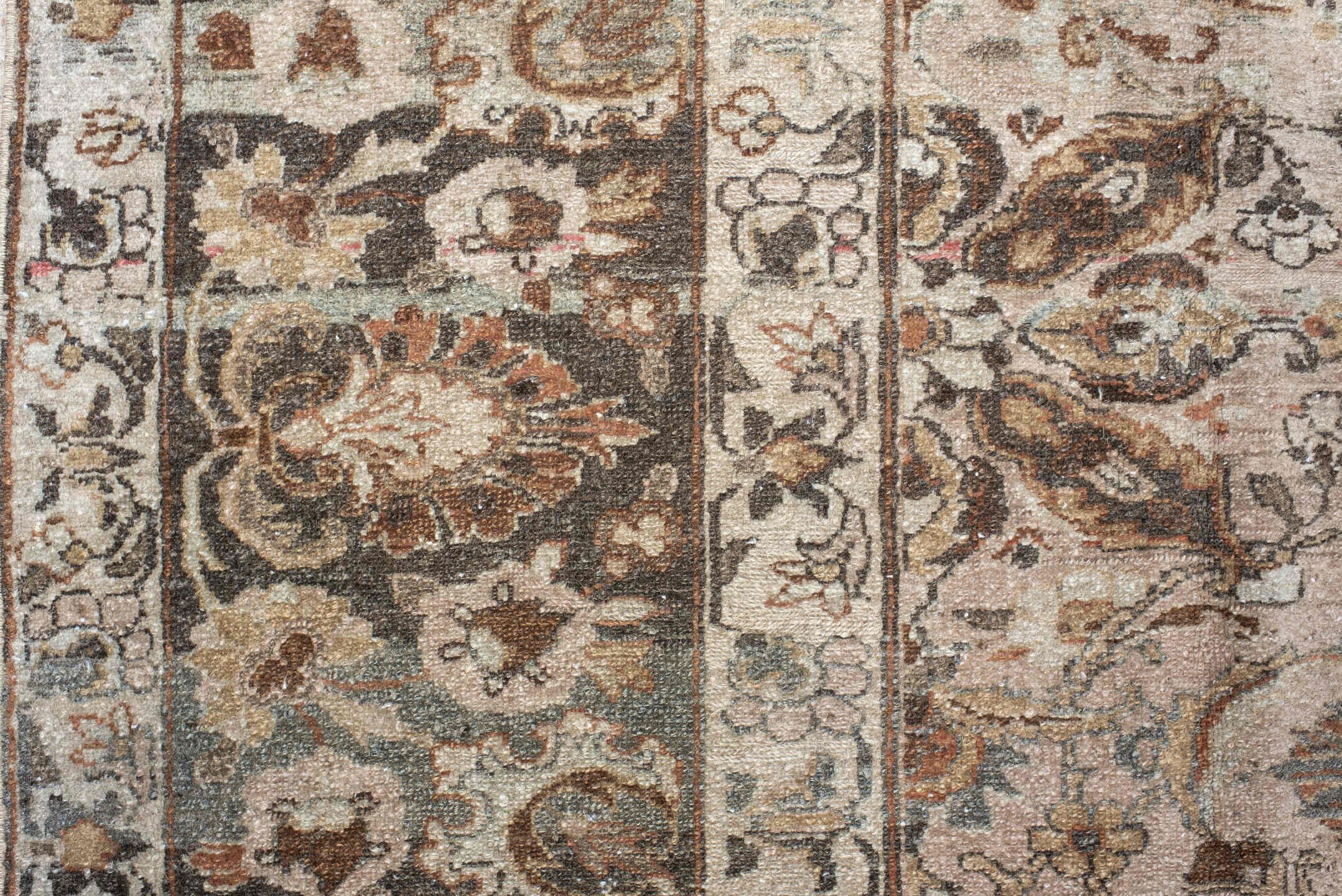 8' x 12' one-of-a-kind handmade vintage Lilian large size rug. Color palette: ivory, brown, taupe, rust, sage, charcoal