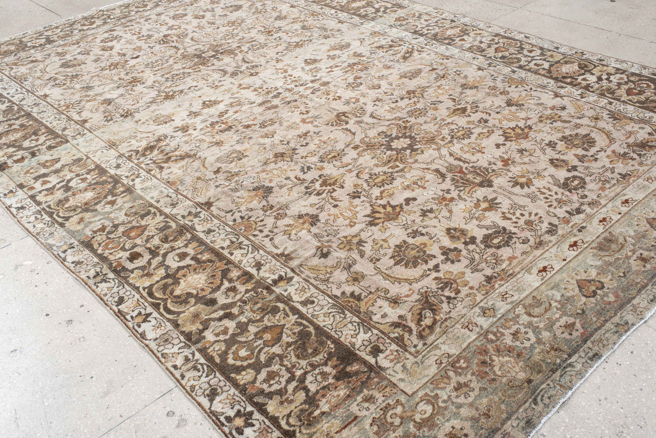 8' x 12' one-of-a-kind handmade vintage Lilian large size rug. Color palette: ivory, brown, taupe, rust, sage, charcoal