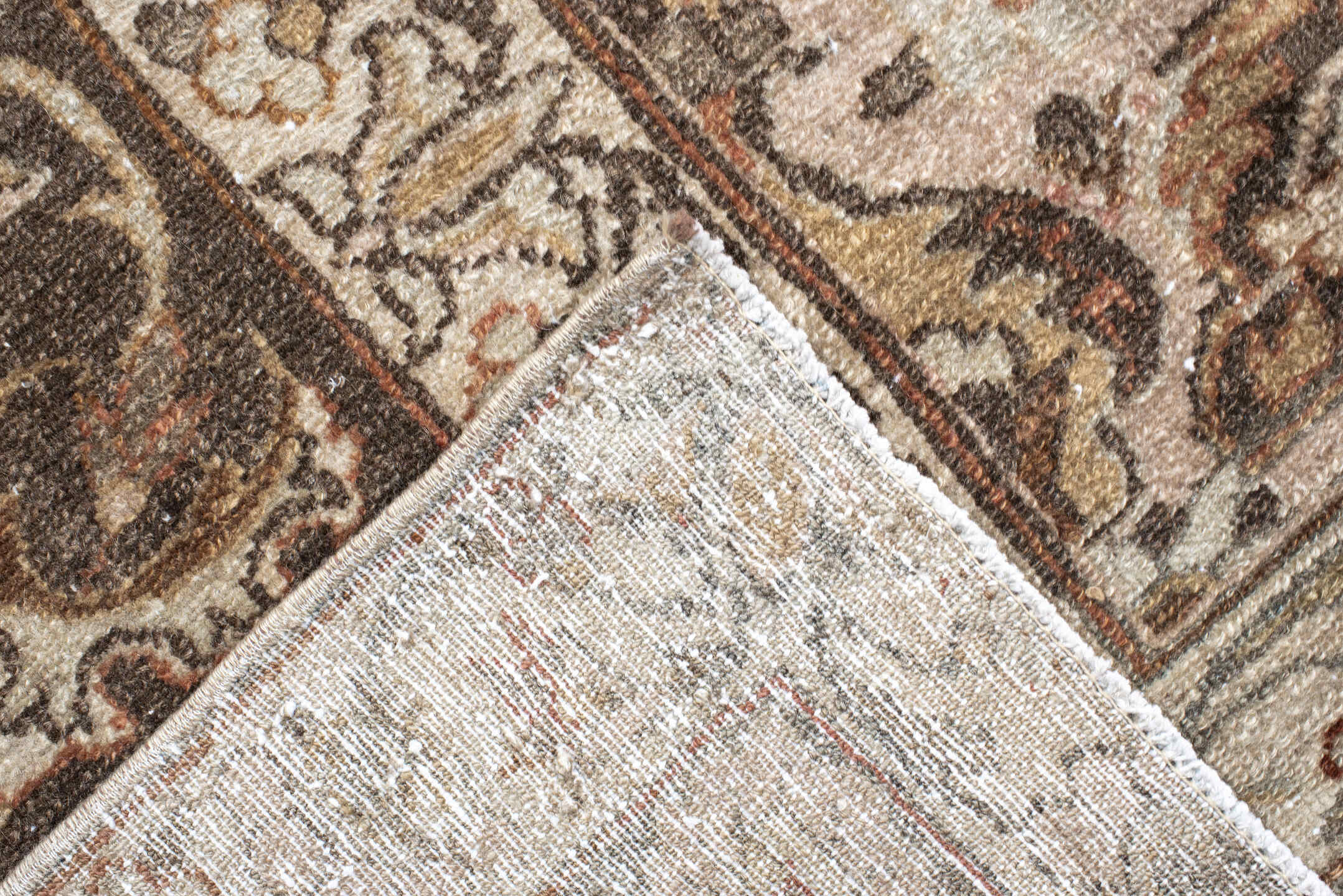 8' x 12' one-of-a-kind handmade vintage Lilian large size rug. Color palette: ivory, brown, taupe, rust, sage, charcoal