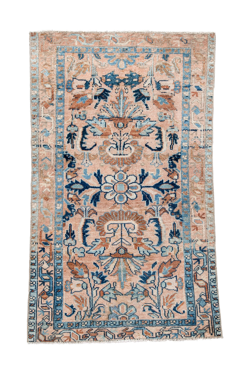 2' x 4' one-of-a-kind handmade vintage Hamadan small size rug. Color palette: blush, sky blue, navy, ivory, camel, taupe
