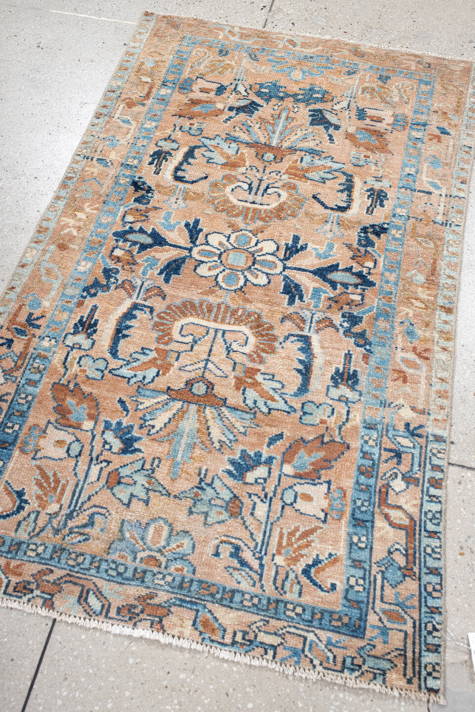 2' x 4' one-of-a-kind handmade vintage Hamadan small size rug. Color palette: blush, sky blue, navy, ivory, camel, taupe