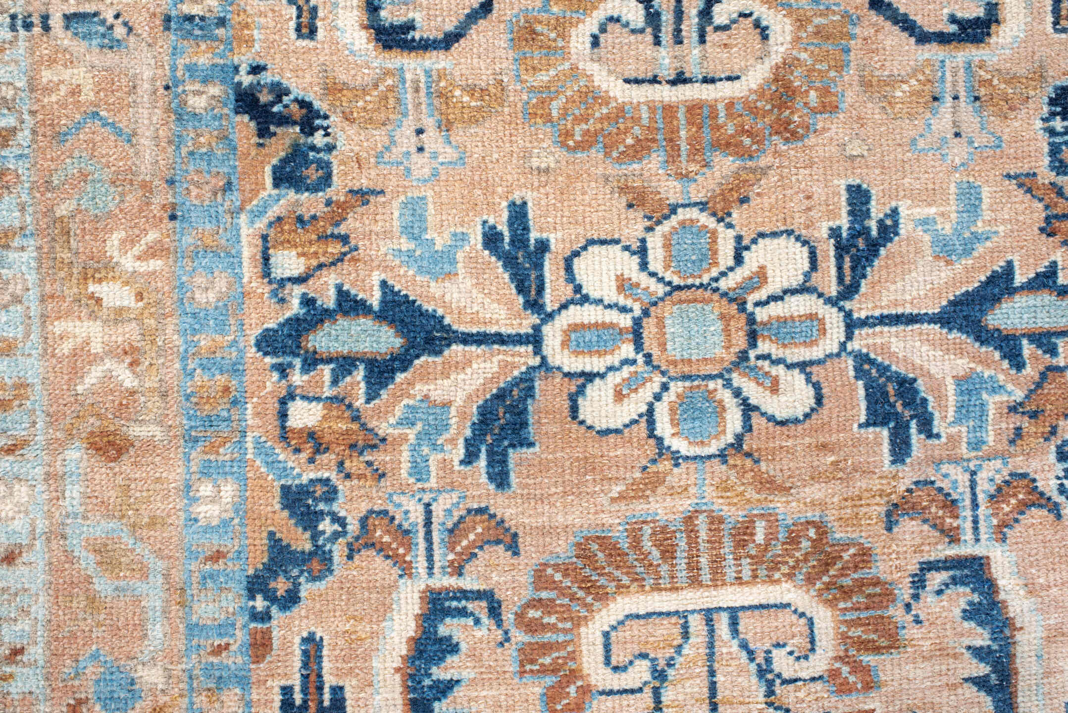 2' x 4' one-of-a-kind handmade vintage Hamadan small size rug. Color palette: blush, sky blue, navy, ivory, camel, taupe