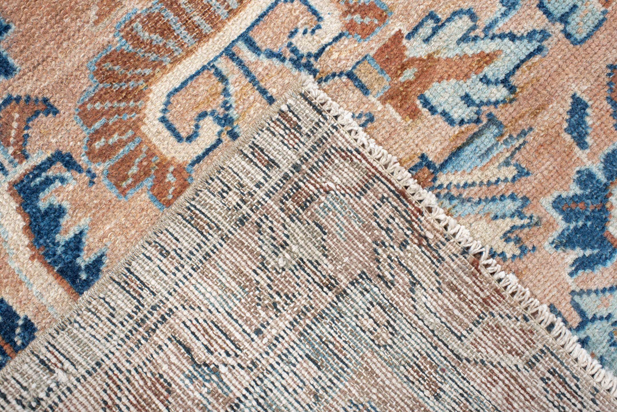 2' x 4' one-of-a-kind handmade vintage Hamadan small size rug. Color palette: blush, sky blue, navy, ivory, camel, taupe