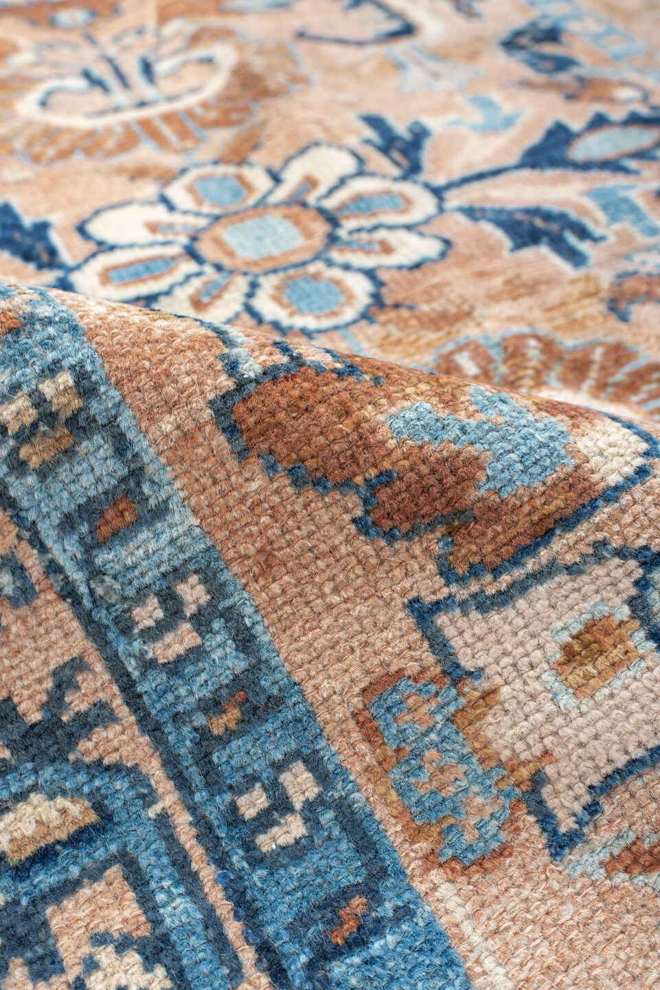 2' x 4' one-of-a-kind handmade vintage Hamadan small size rug. Color palette: blush, sky blue, navy, ivory, camel, taupe