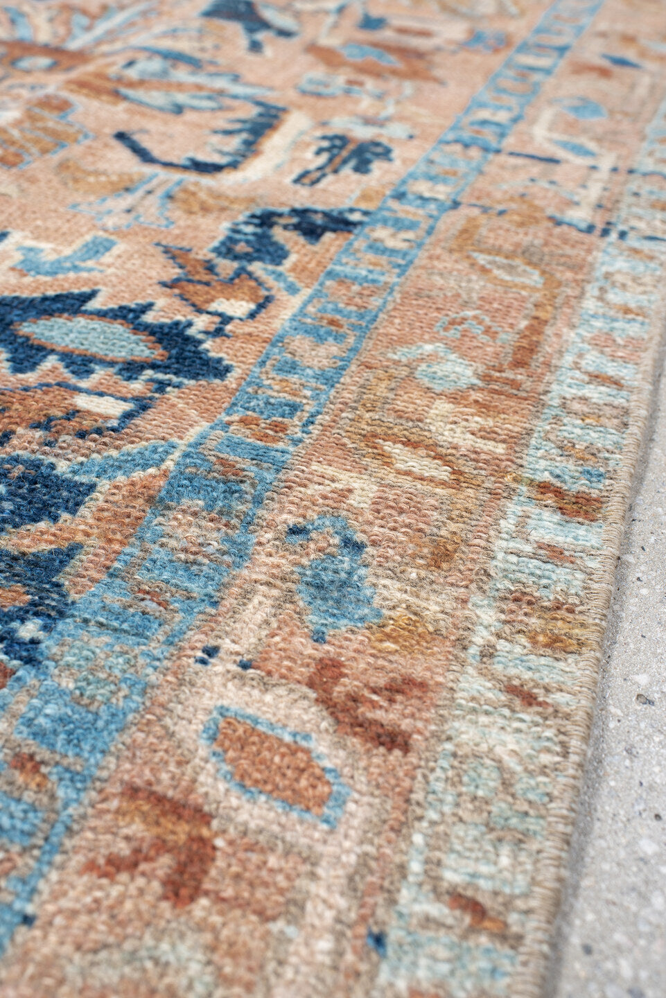 2' x 4' one-of-a-kind handmade vintage Hamadan small size rug. Color palette: blush, sky blue, navy, ivory, camel, taupe