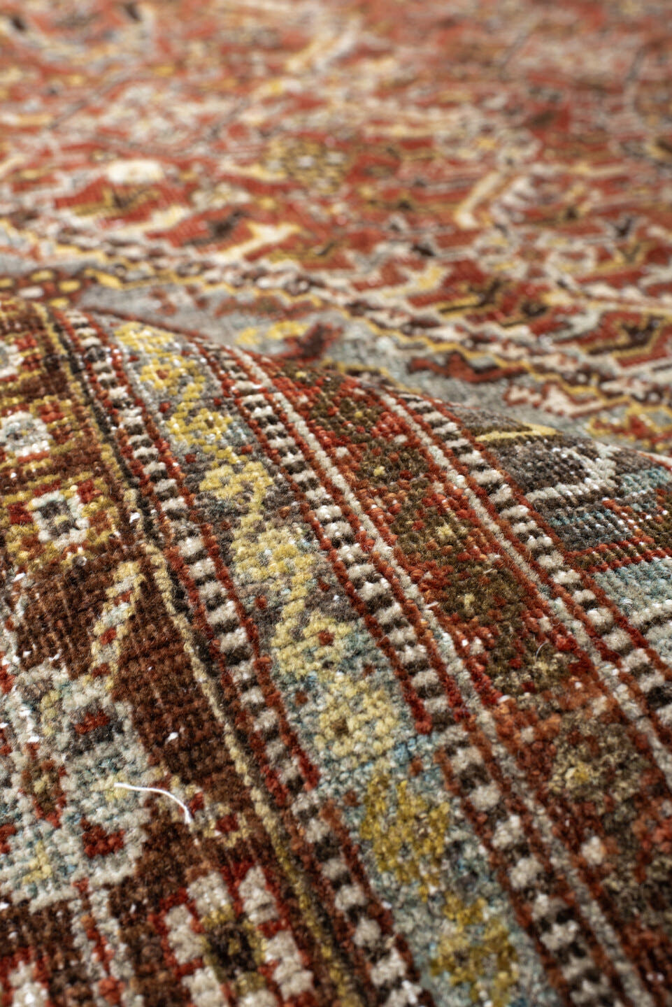 6' x 9' one-of-a-kind handmade vintage Qashqai medium size rug. Color palette: rust, light blue, ivory, brown, charcoal