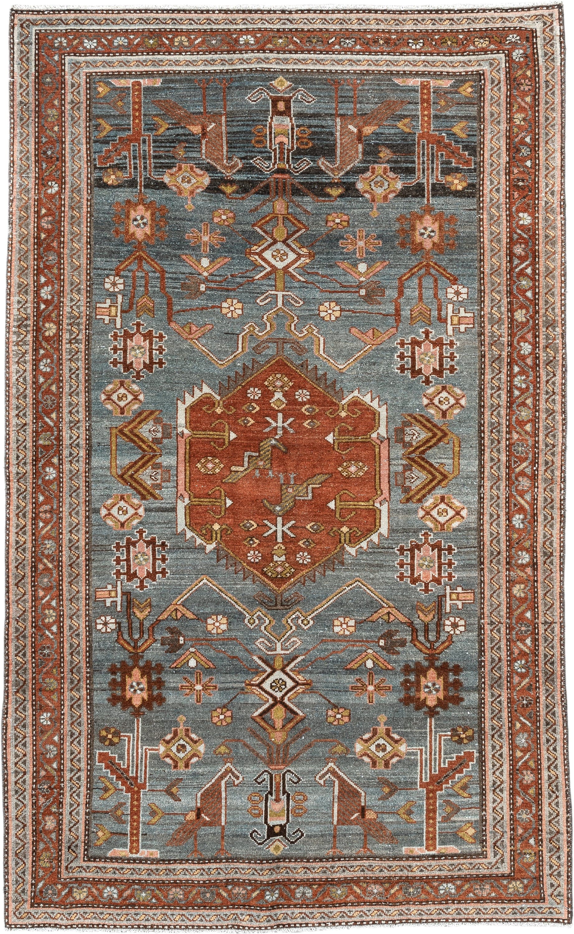 4' x 6' one-of-a-kind handmade vintage Malayer rug. Color palette: blue, rust, ivory, camel, brown, gold, rose, terracotta