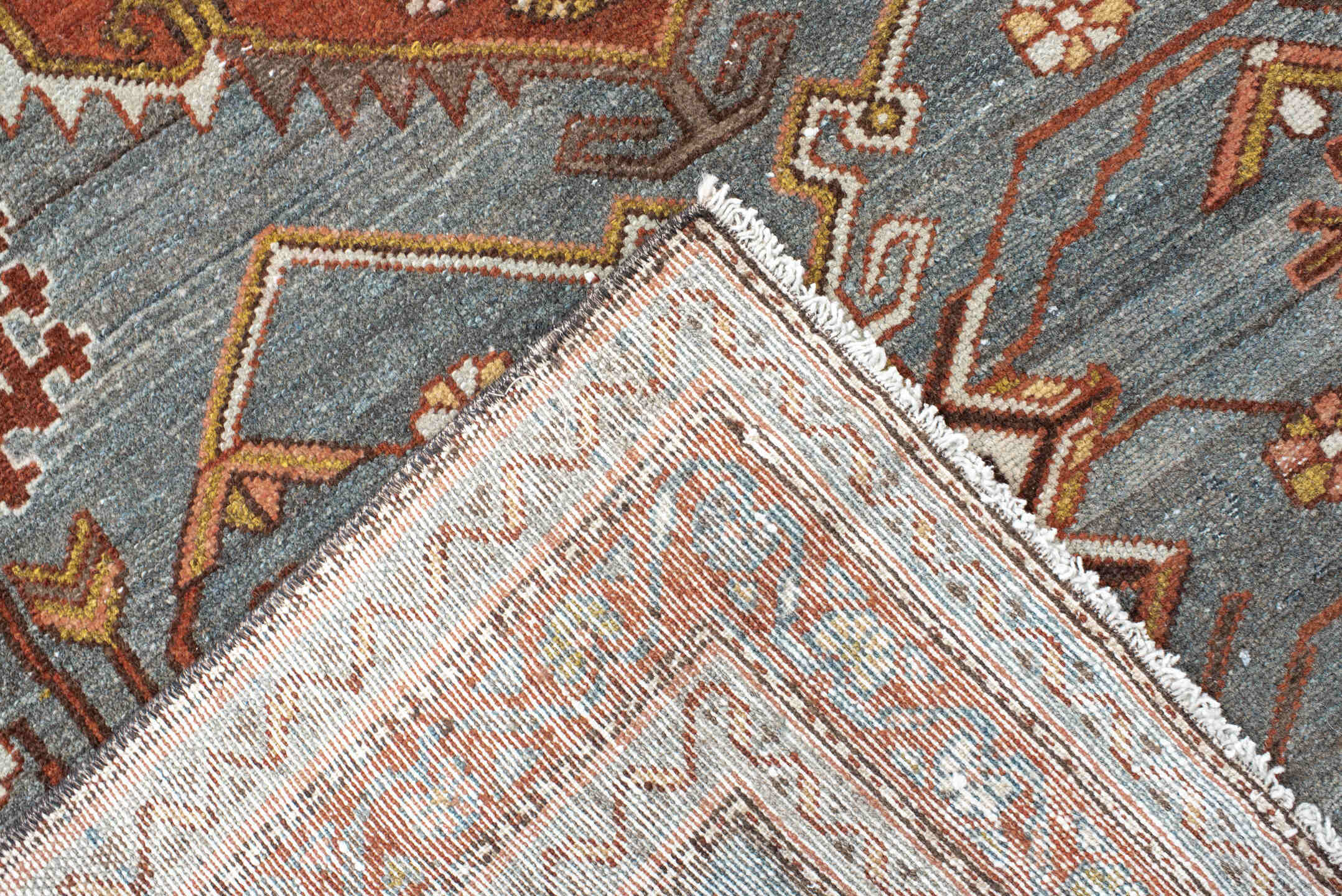 4' x 6' one-of-a-kind handmade vintage Malayer rug. Color palette: blue, rust, ivory, camel, brown, gold, rose, terracotta