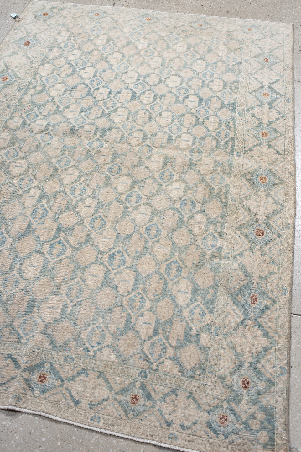 4' x 5' one-of-a-kind handmade vintage small size rug. Color palette: brown, dark gray, gainsboro, gray, light gray, linen