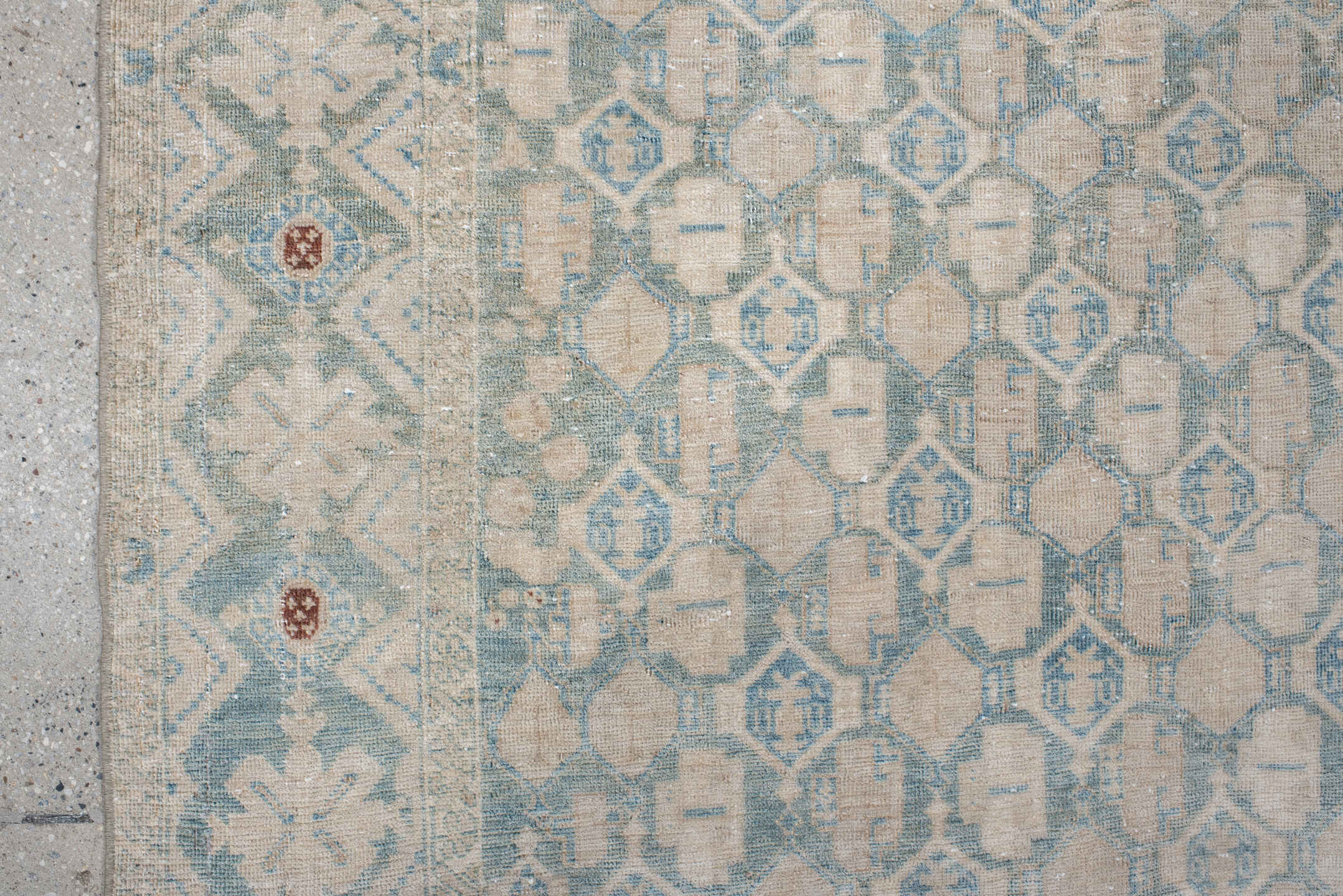 4' x 5' one-of-a-kind handmade vintage small size rug. Color palette: brown, dark gray, gainsboro, gray, light gray, linen