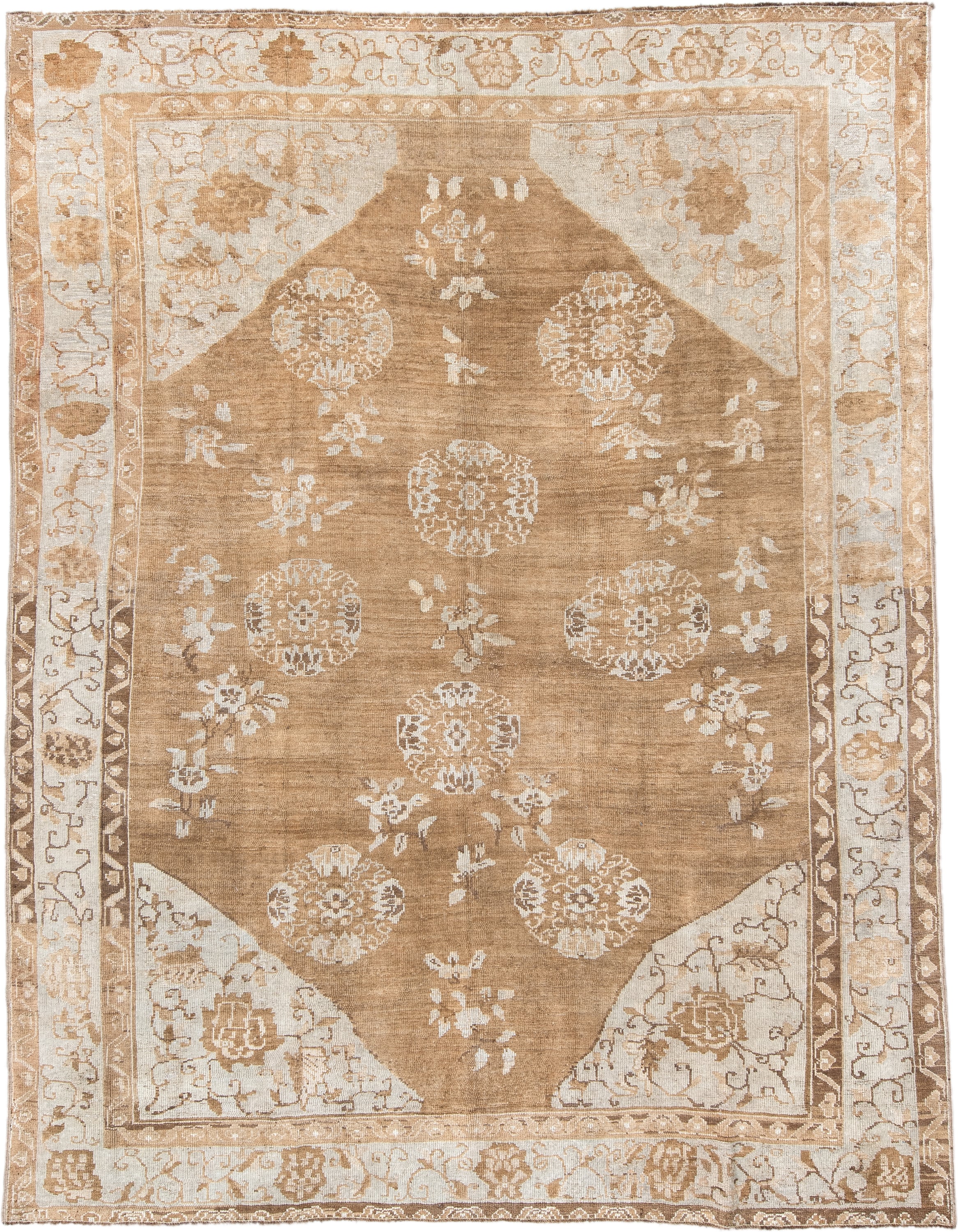 7' x 10' one-of-a-kind handmade vintage Oushak large size rug. Color palette: camel, ivory, taupe, beige, sand, brown, gray
