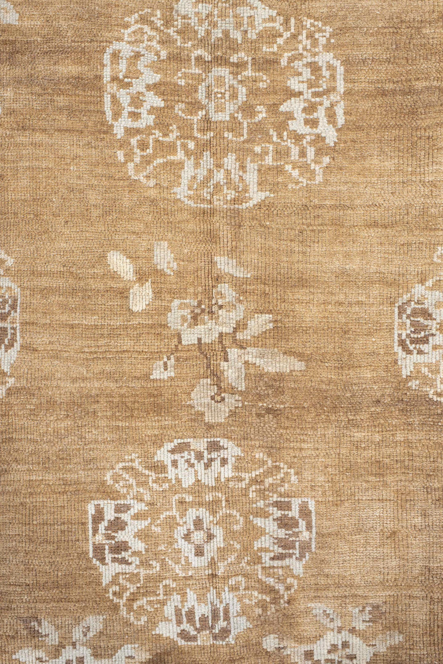 7' x 10' one-of-a-kind handmade vintage Oushak large size rug. Color palette: camel, ivory, taupe, beige, sand, brown, gray