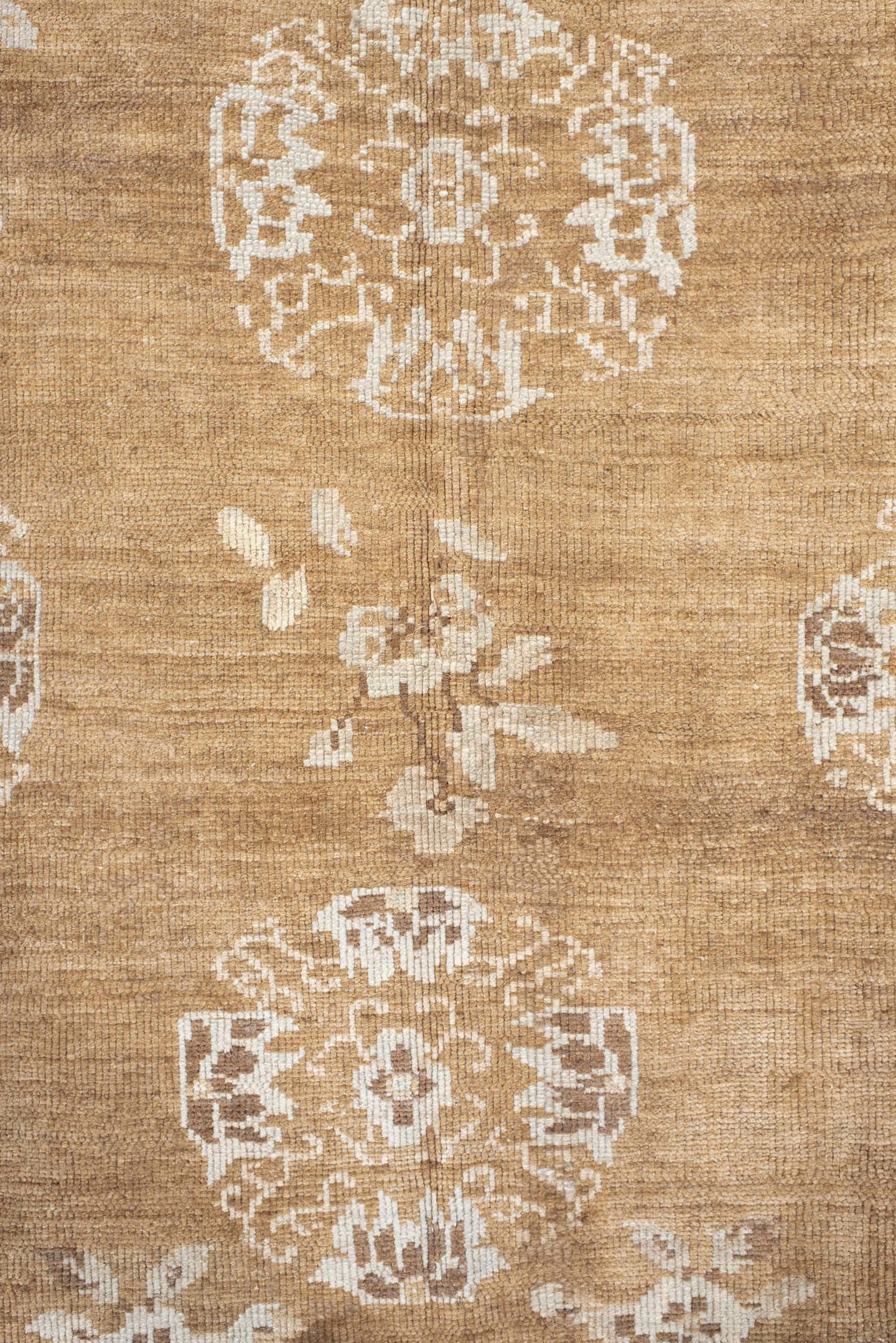 7' x 10' one-of-a-kind handmade vintage Oushak large size rug. Color palette: camel, ivory, taupe, beige, sand, brown, gray