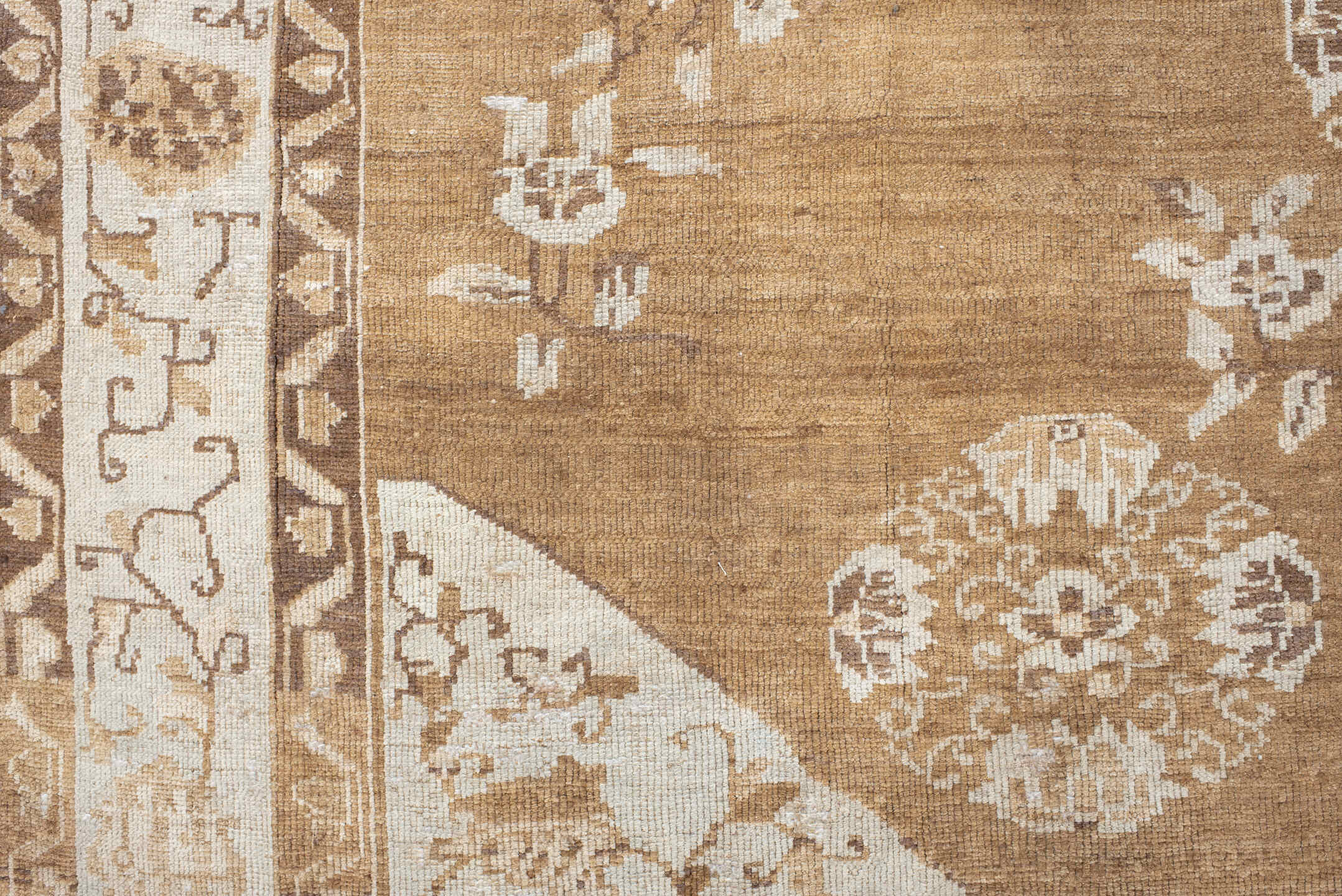 7' x 10' one-of-a-kind handmade vintage Oushak large size rug. Color palette: camel, ivory, taupe, beige, sand, brown, gray