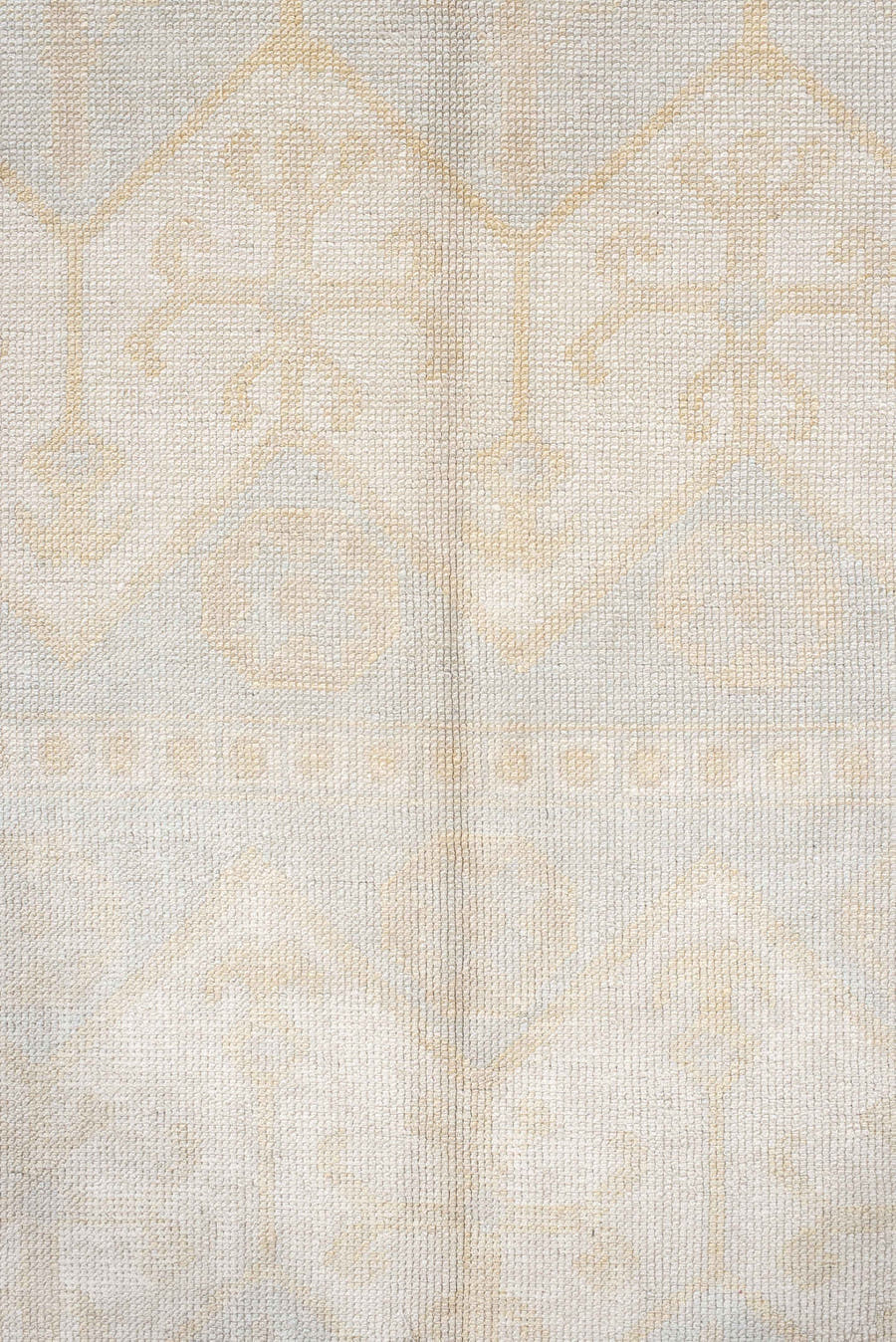 9' x 12' one-of-a-kind handmade vintage large size rug. Color palette: ivory, pale blue, cream, beige, taupe, light blue