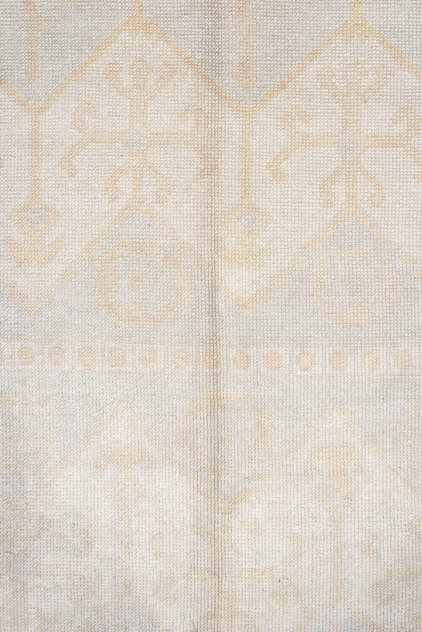 9' x 12' one-of-a-kind handmade vintage large size rug. Color palette: ivory, pale blue, cream, beige, taupe, light blue