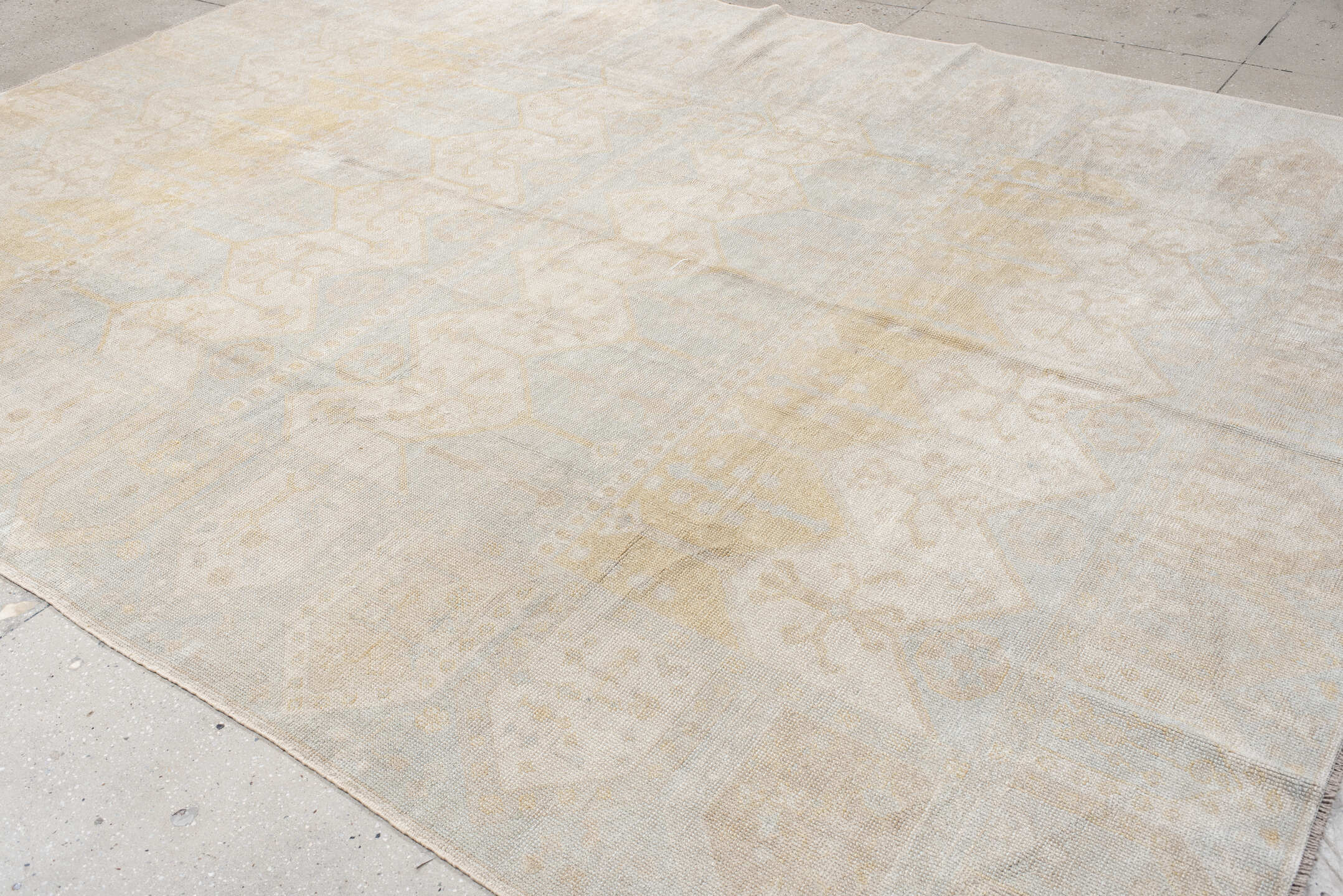 9' x 12' one-of-a-kind handmade vintage large size rug. Color palette: ivory, pale blue, cream, beige, taupe, light blue