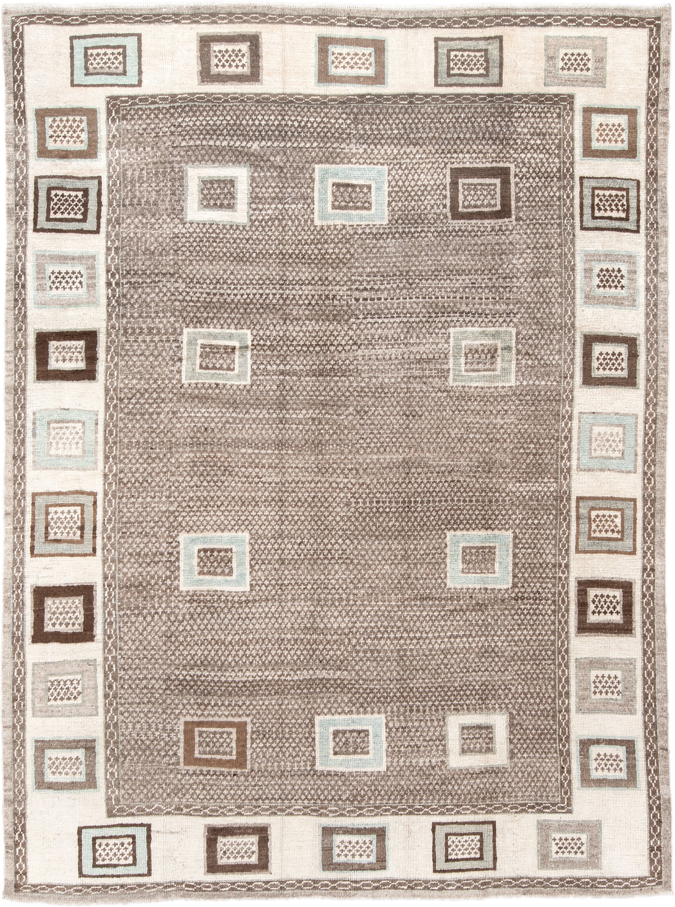 8' x 10' one-of-a-kind handmade vintage large size rug. Color palette: taupe, ivory, brown, cream, pale aqua, charcoal