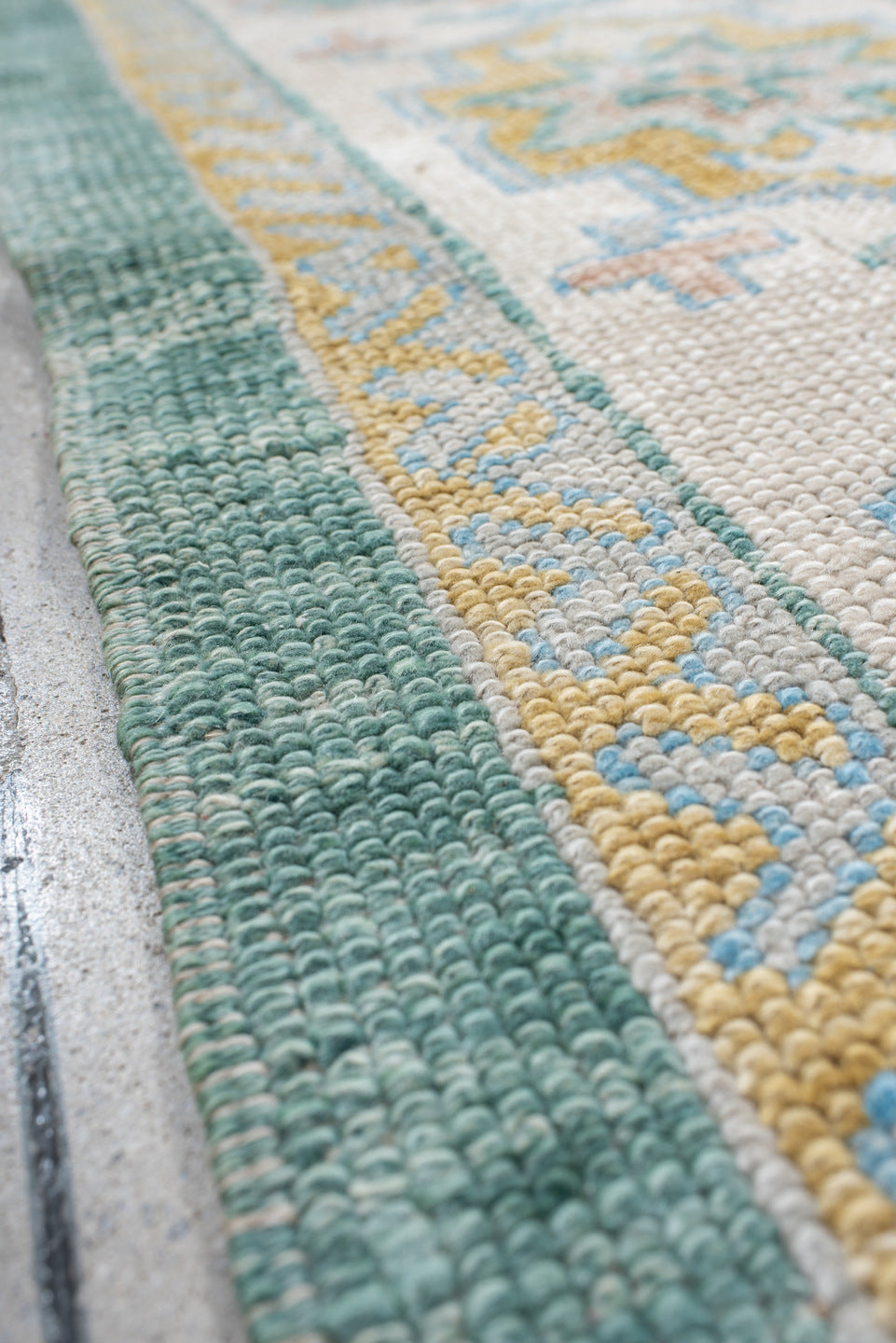 8' x 9' one-of-a-kind handmade vintage Oushak rug. Color palette: seafoam, ivory, pale gold, blush, powder blue, sage, teal