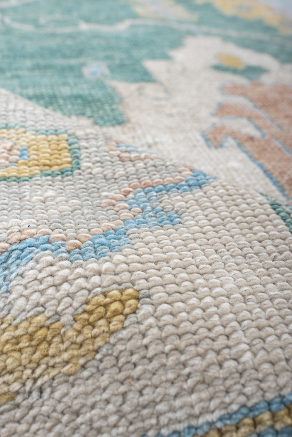 8' x 9' one-of-a-kind handmade vintage Oushak rug. Color palette: seafoam, ivory, pale gold, blush, powder blue, sage, teal