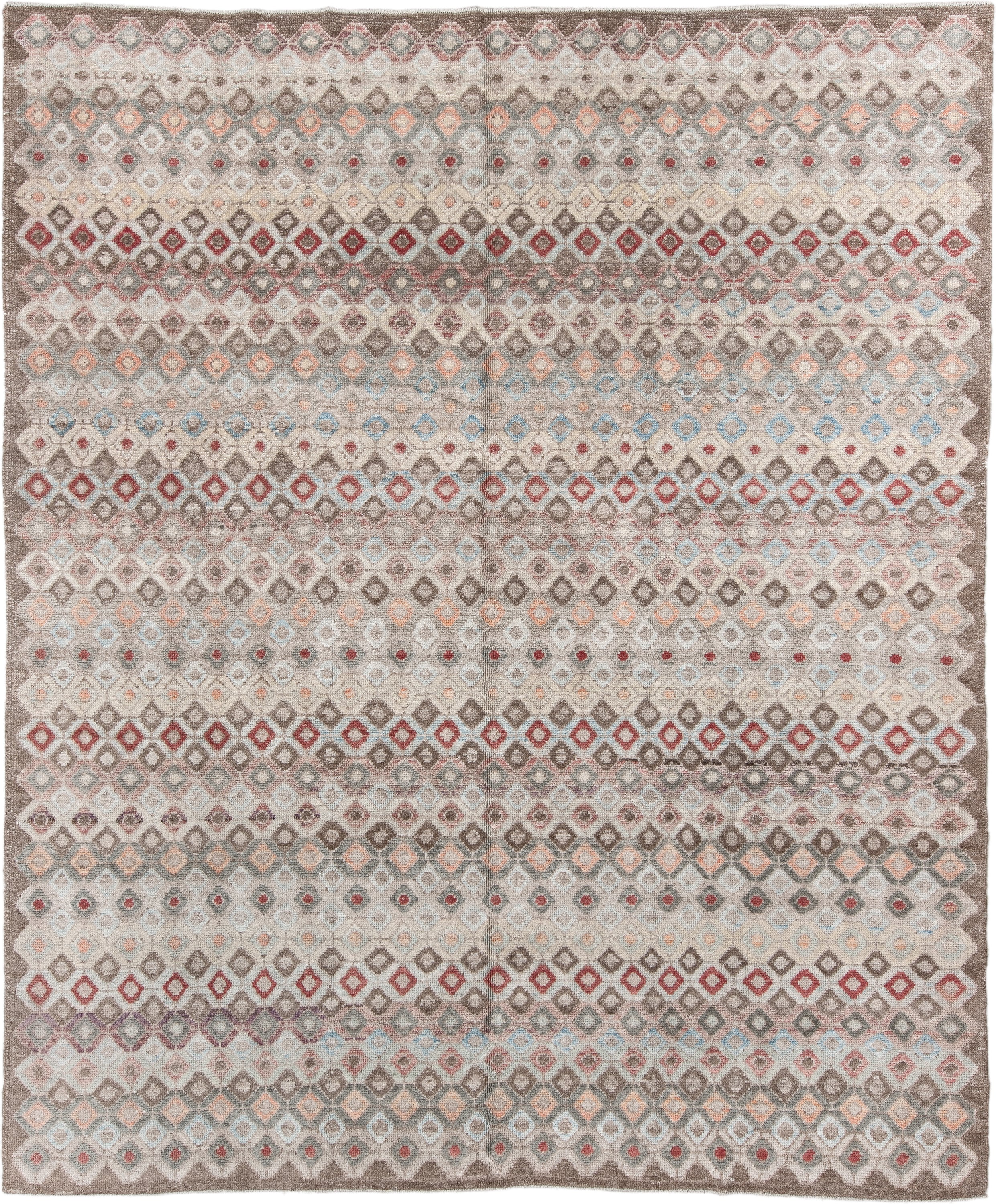 9' x 11' one-of-a-kind handmade vintage Oushak large size rug. Color palette: ivory, taupe, brown, rust, pale_blue, blush