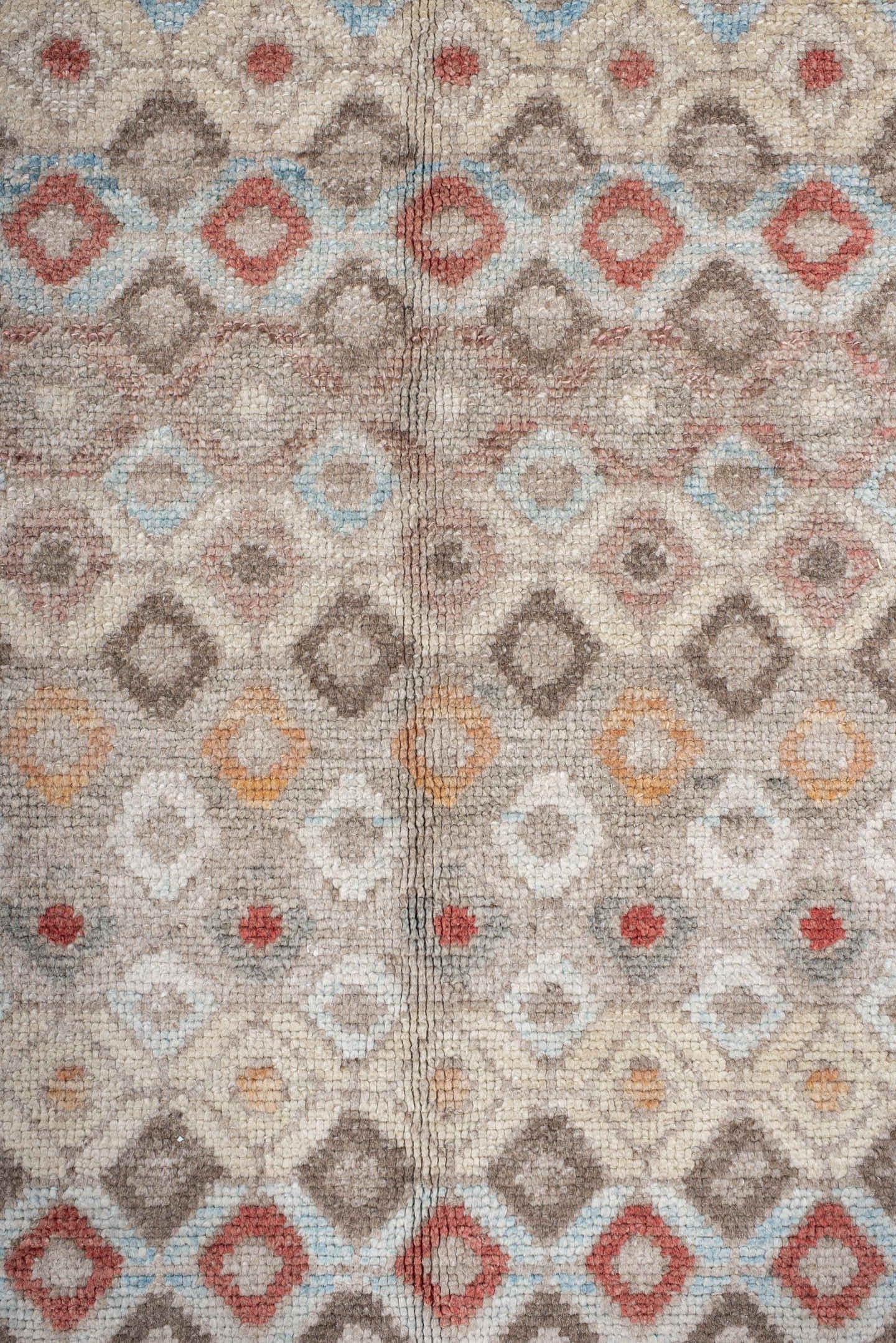 9' x 11' one-of-a-kind handmade vintage Oushak large size rug. Color palette: ivory, taupe, brown, rust, pale_blue, blush