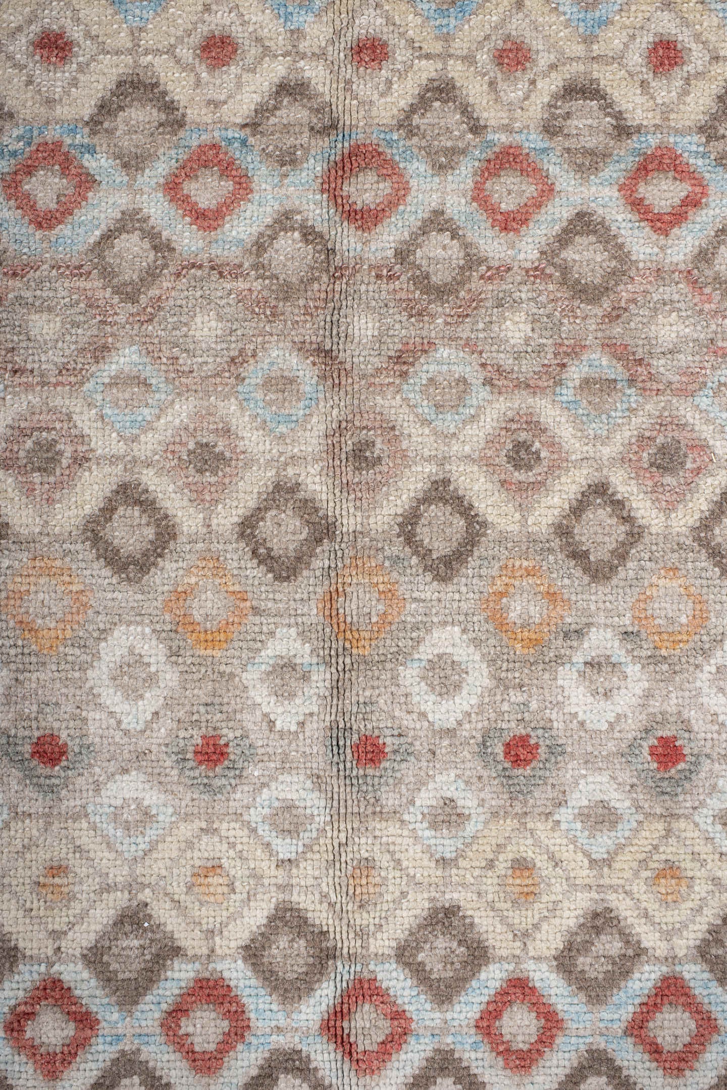 9' x 11' one-of-a-kind handmade vintage Oushak large size rug. Color palette: ivory, taupe, brown, rust, pale_blue, blush