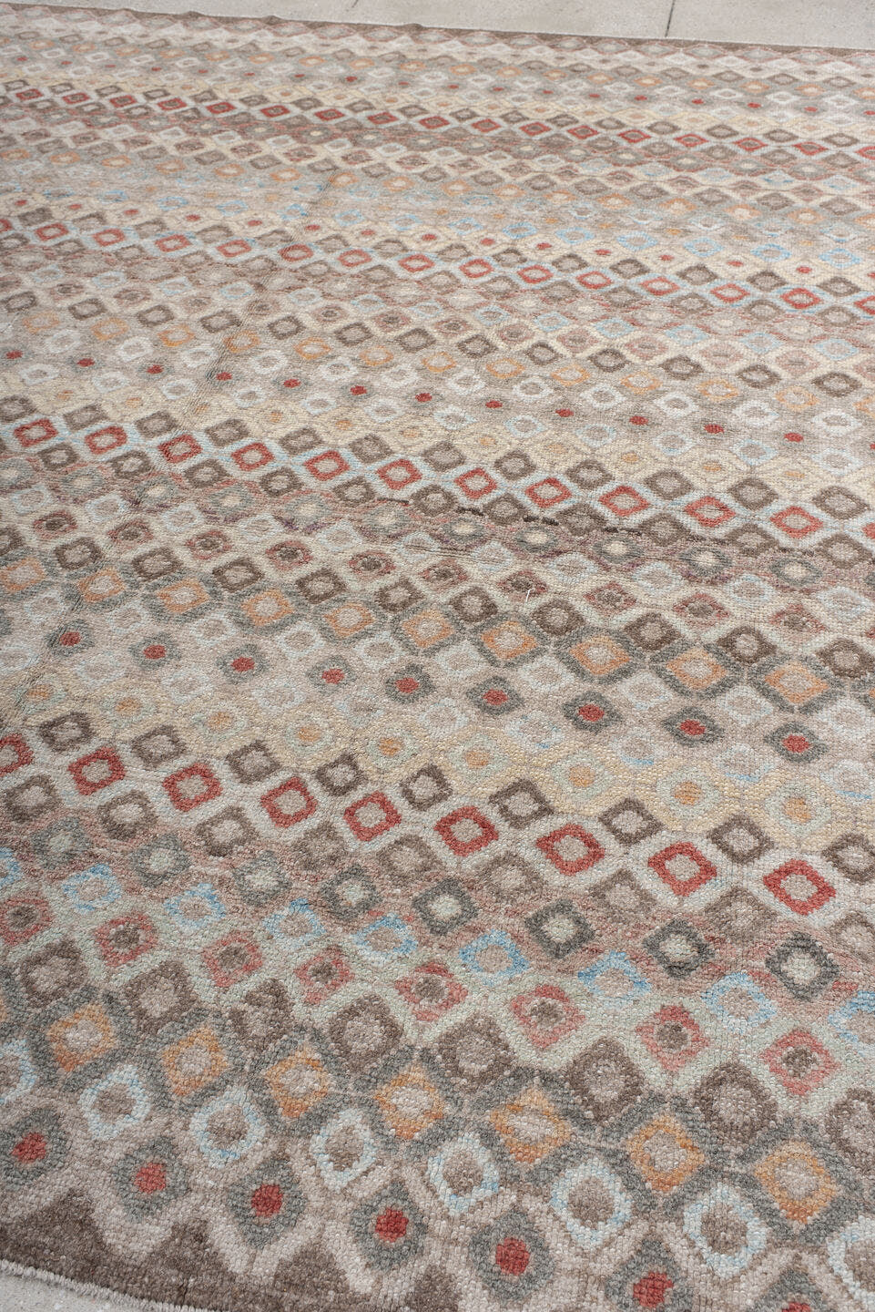9' x 11' one-of-a-kind handmade vintage Oushak large size rug. Color palette: ivory, taupe, brown, rust, pale_blue, blush