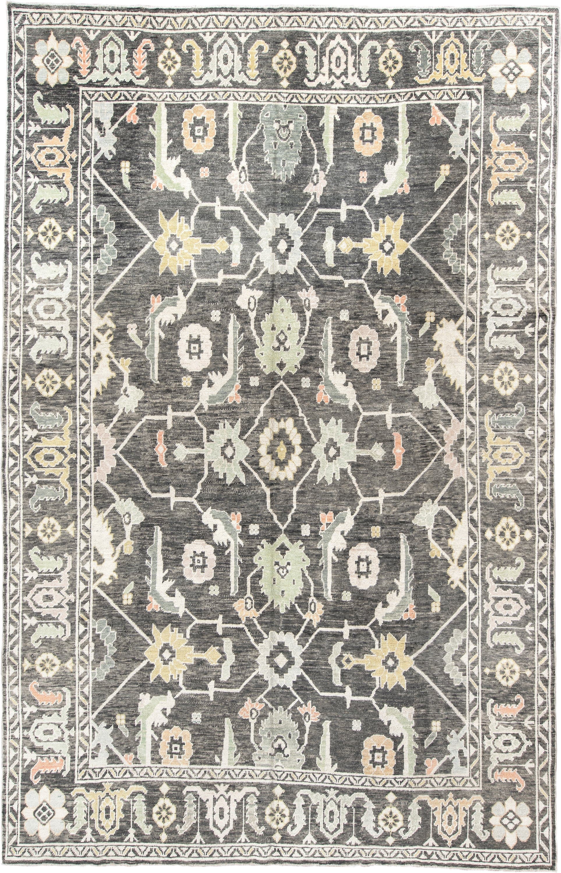 9' x 15' one-of-a-kind handmade vintage Oushak rug. Color palette: charcoal, ivory, sage, gold, peach, taupe, gray, black