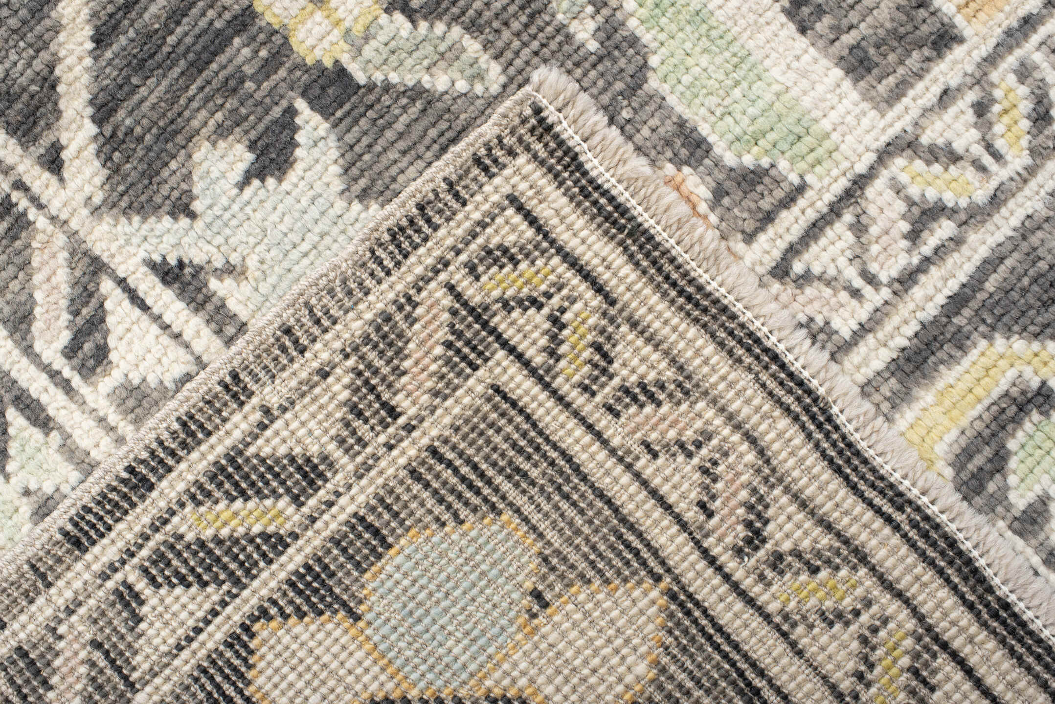 9' x 15' one-of-a-kind handmade vintage Oushak rug. Color palette: charcoal, ivory, sage, gold, peach, taupe, gray, black