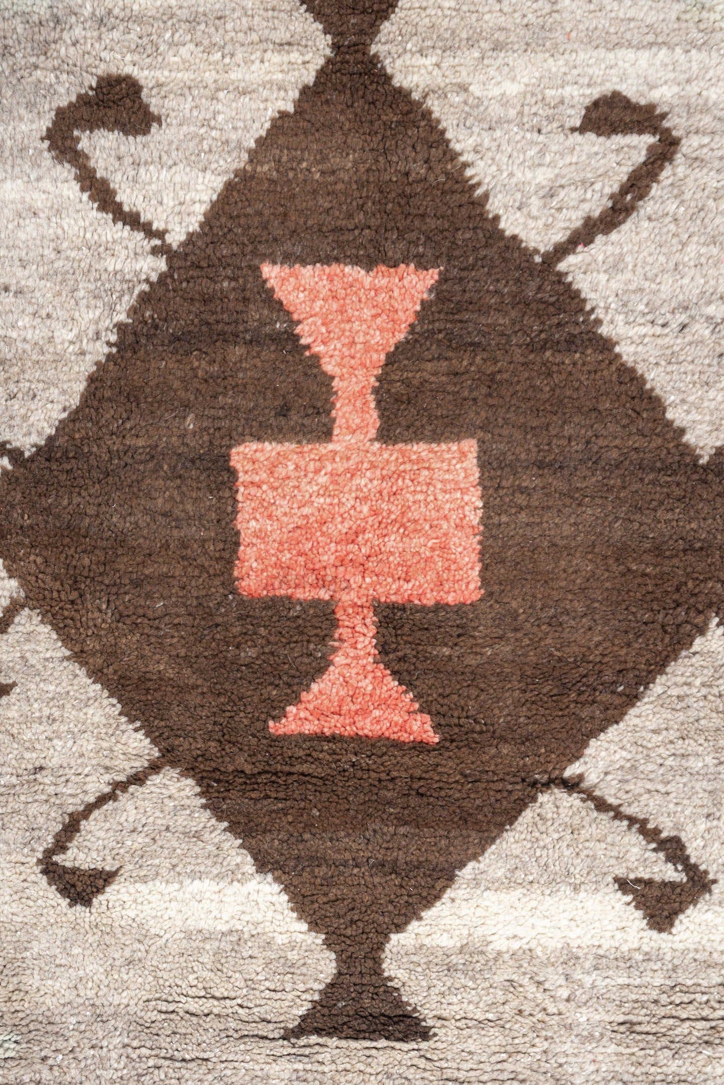 4' x 6' one-of-a-kind handmade vintage Moroccan rug. Color palette: ivory, brown, taupe, coral, gold, charcoal, peach, beige