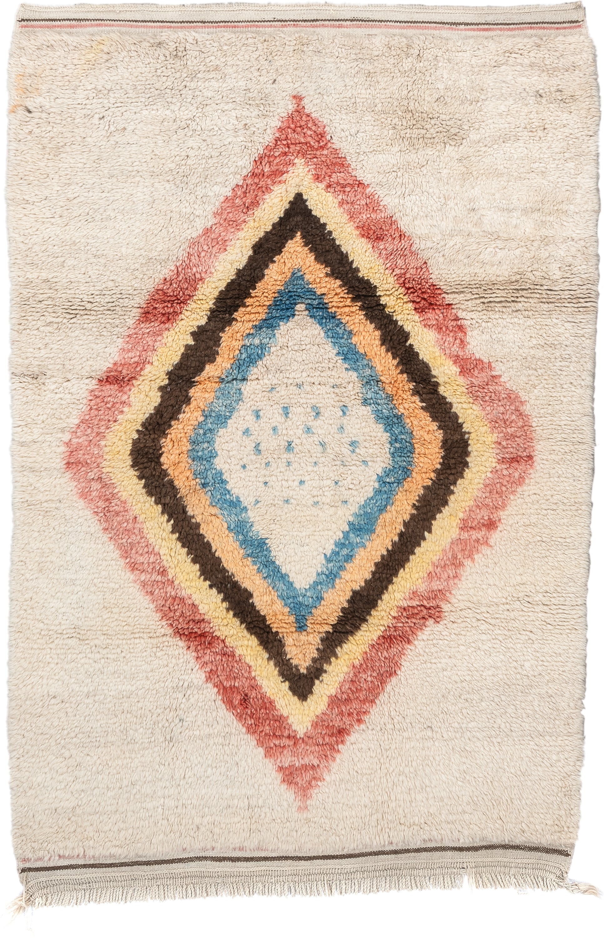 4' x 6' one-of-a-kind handmade vintage Tulu small size rug. Color palette: ivory, rose, brown, sky_blue, peach, gold, taupe